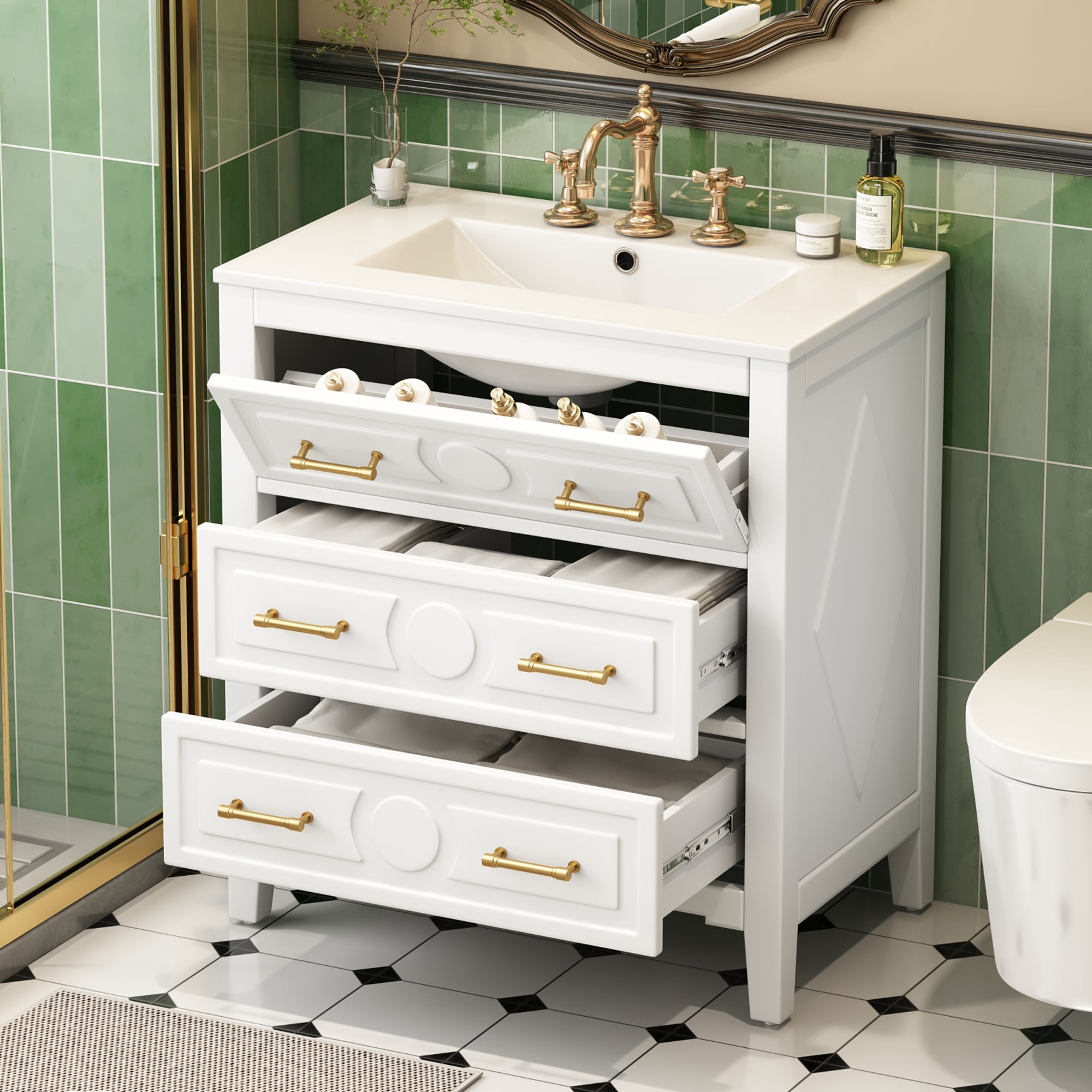 30 "Ceramic sink solid wood frame independent single dressing table set（white） - KiKiUMi
