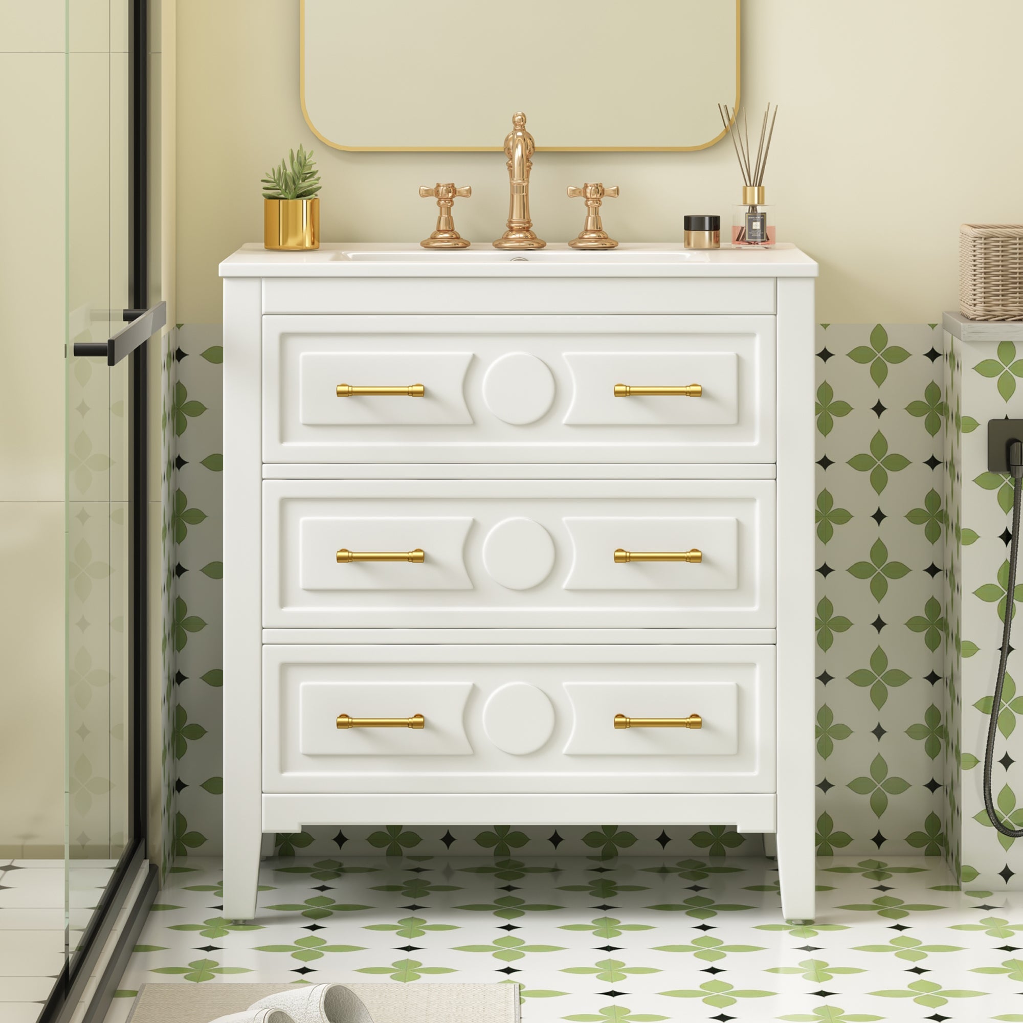 30 "Ceramic sink solid wood frame independent single dressing table set（white） - KiKiUMi