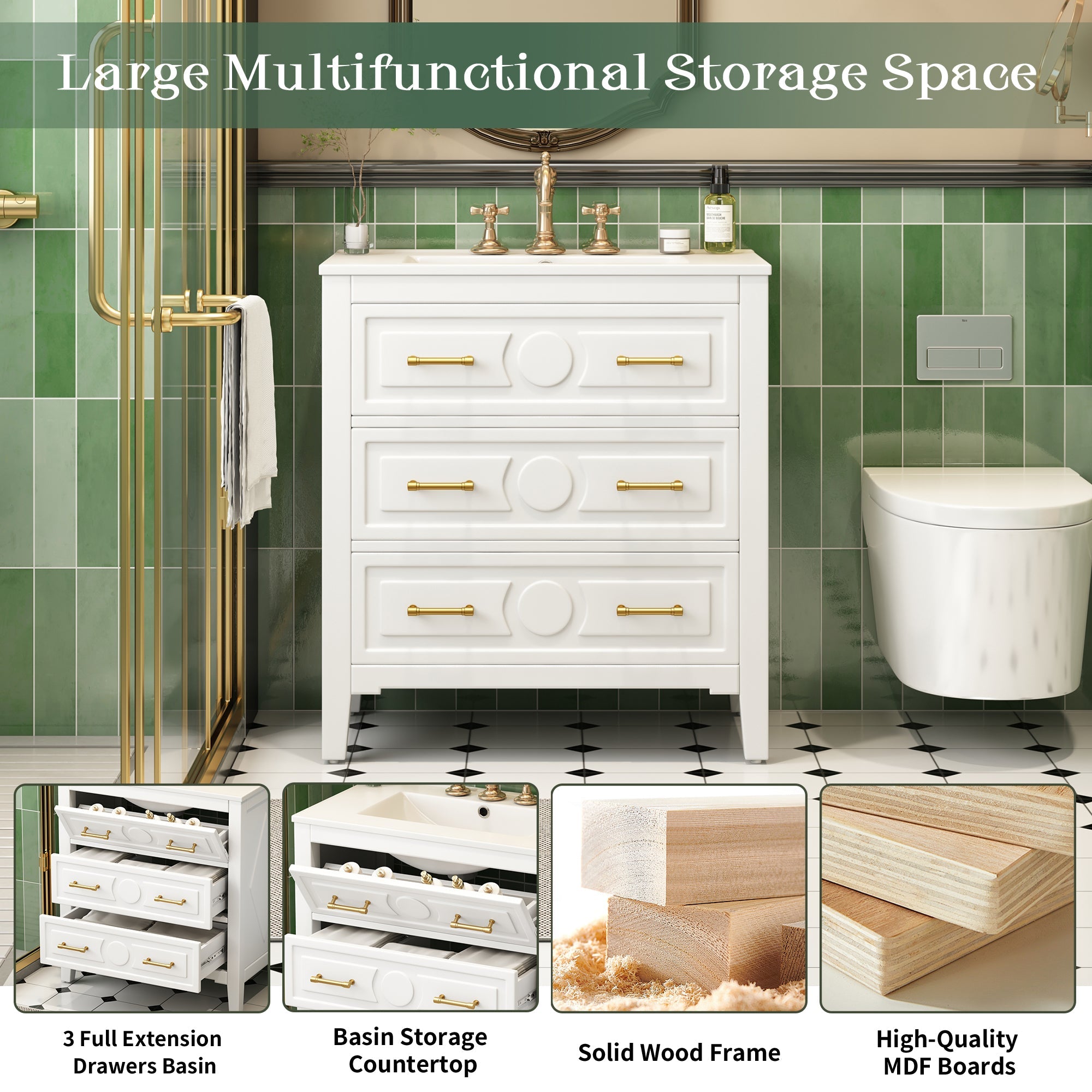 30 "Ceramic sink solid wood frame independent single dressing table set（white） - KiKiUMi