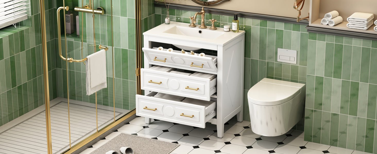 30 "Ceramic sink solid wood frame independent single dressing table set（white） - KiKiUMi