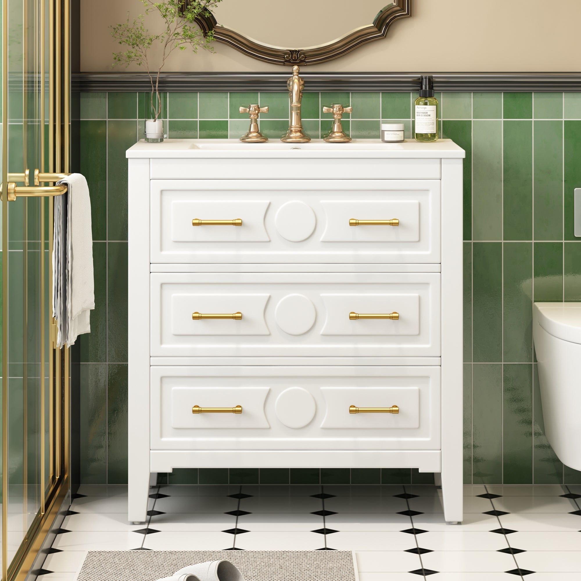 30 "Ceramic sink solid wood frame independent single dressing table set（white） - KiKiUMi
