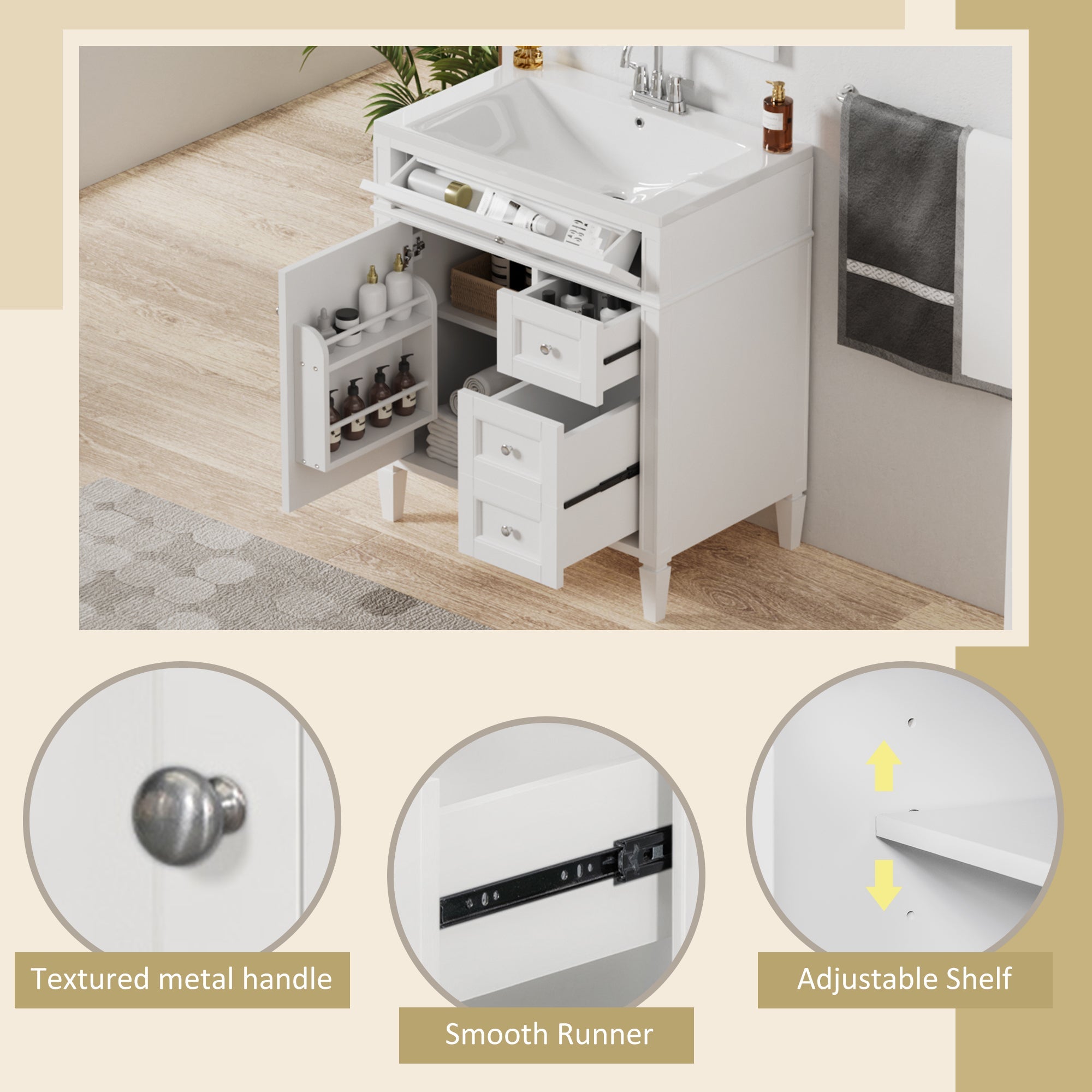30 - inch single sink bathroom dressing table(white) - KiKiUMi