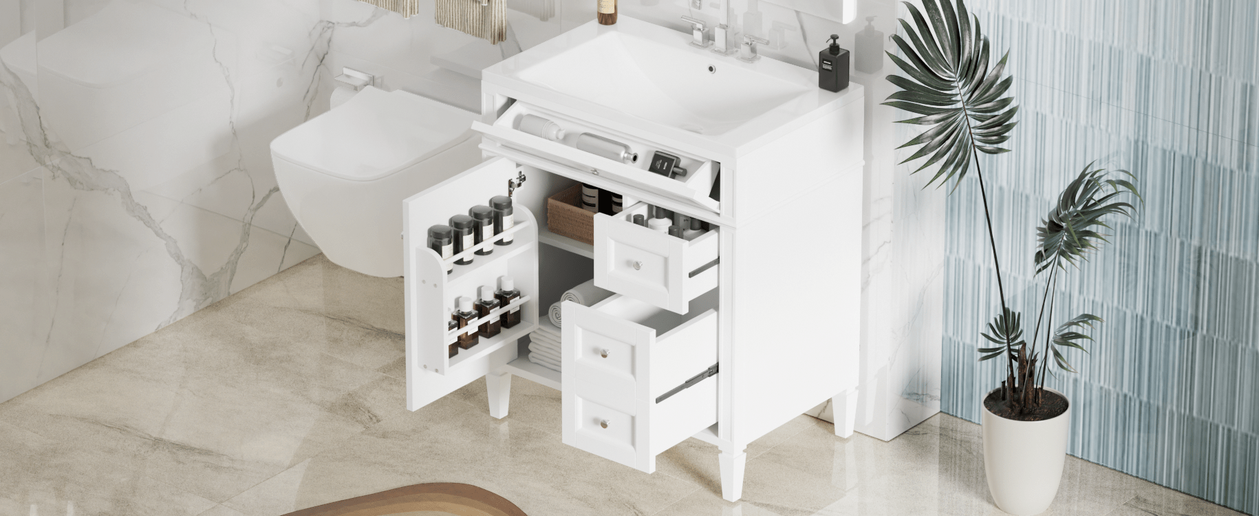 30 - inch single sink bathroom dressing table(white) - KiKiUMi