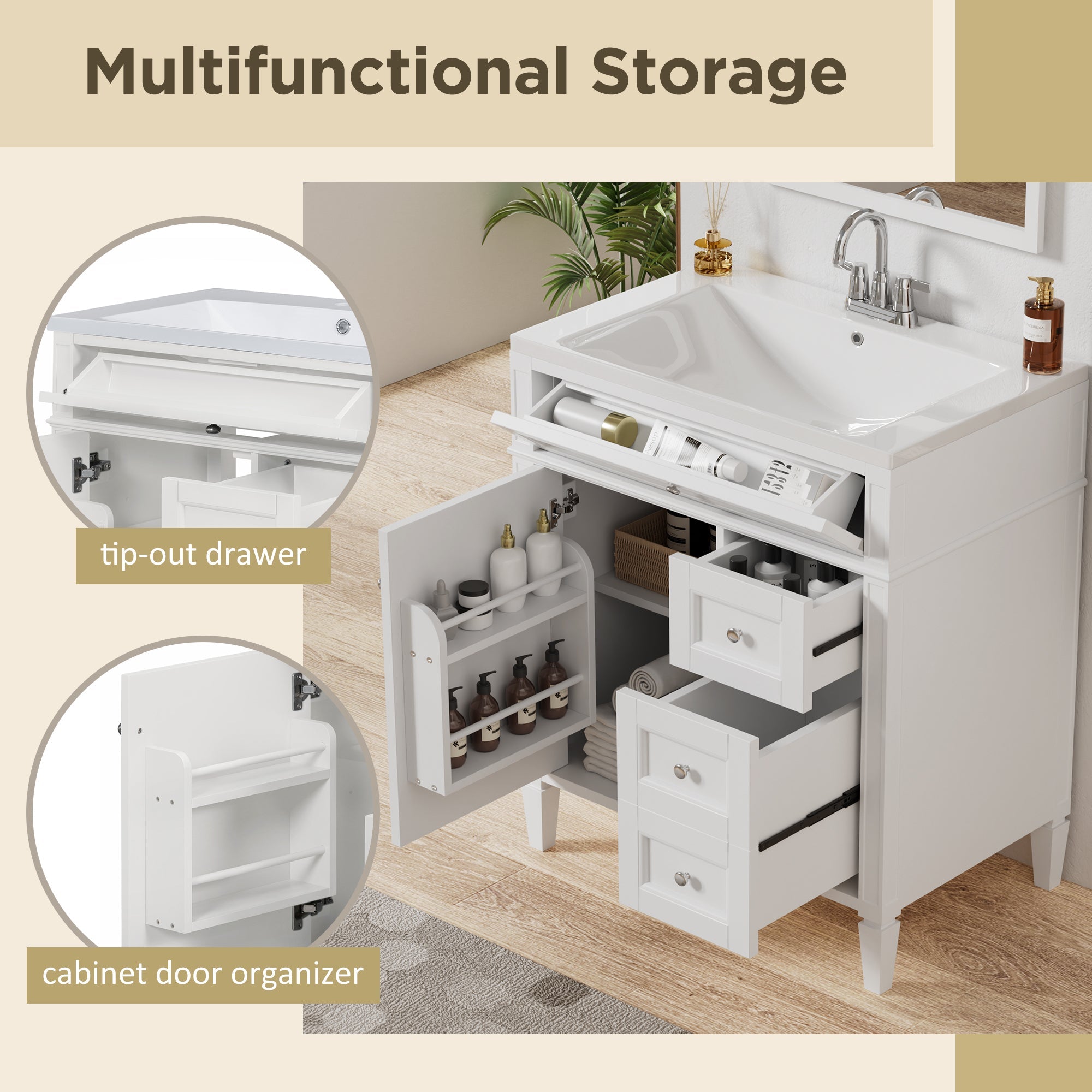 30 - inch single sink bathroom dressing table(white) - KiKiUMi