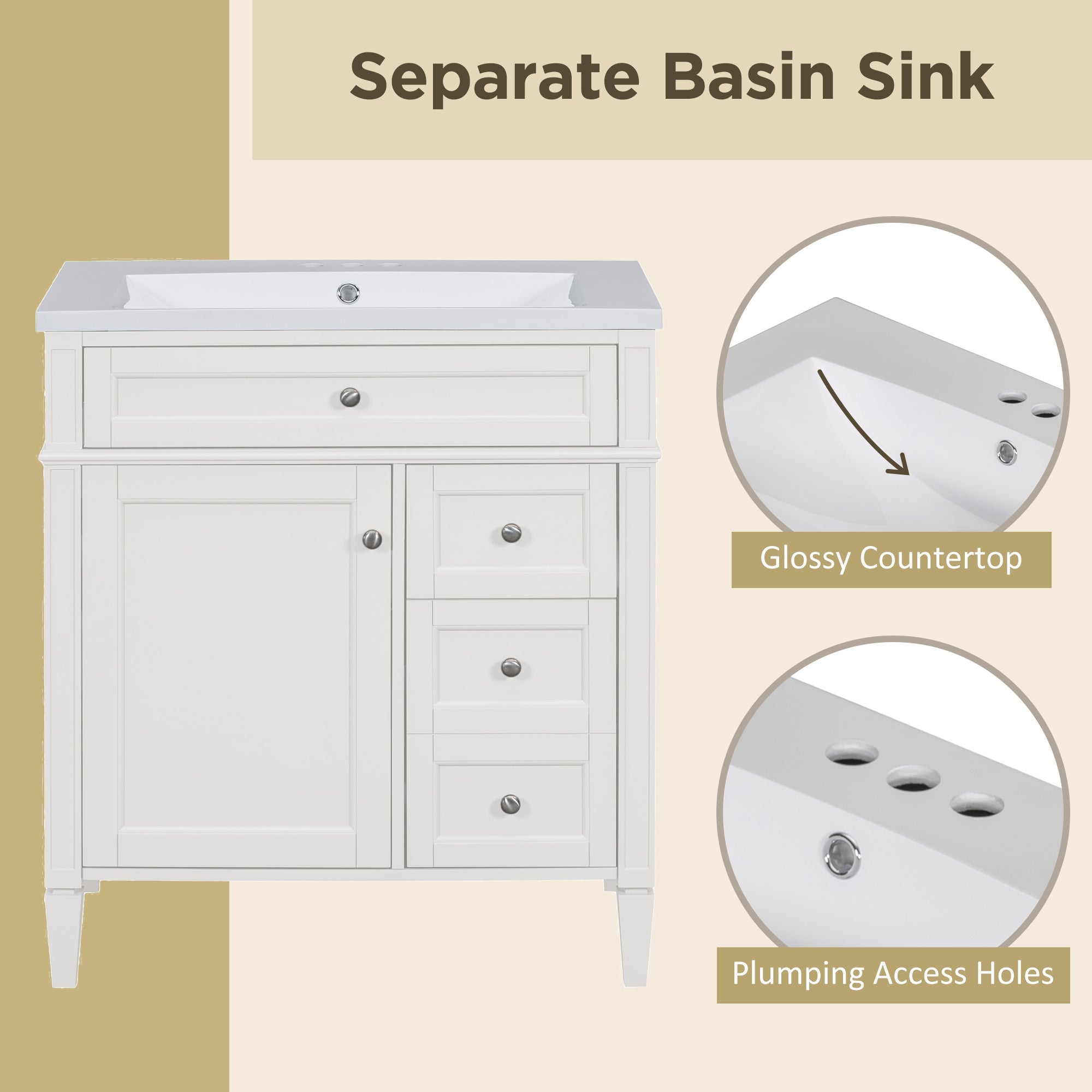 30 - inch single sink bathroom dressing table(white) - KiKiUMi
