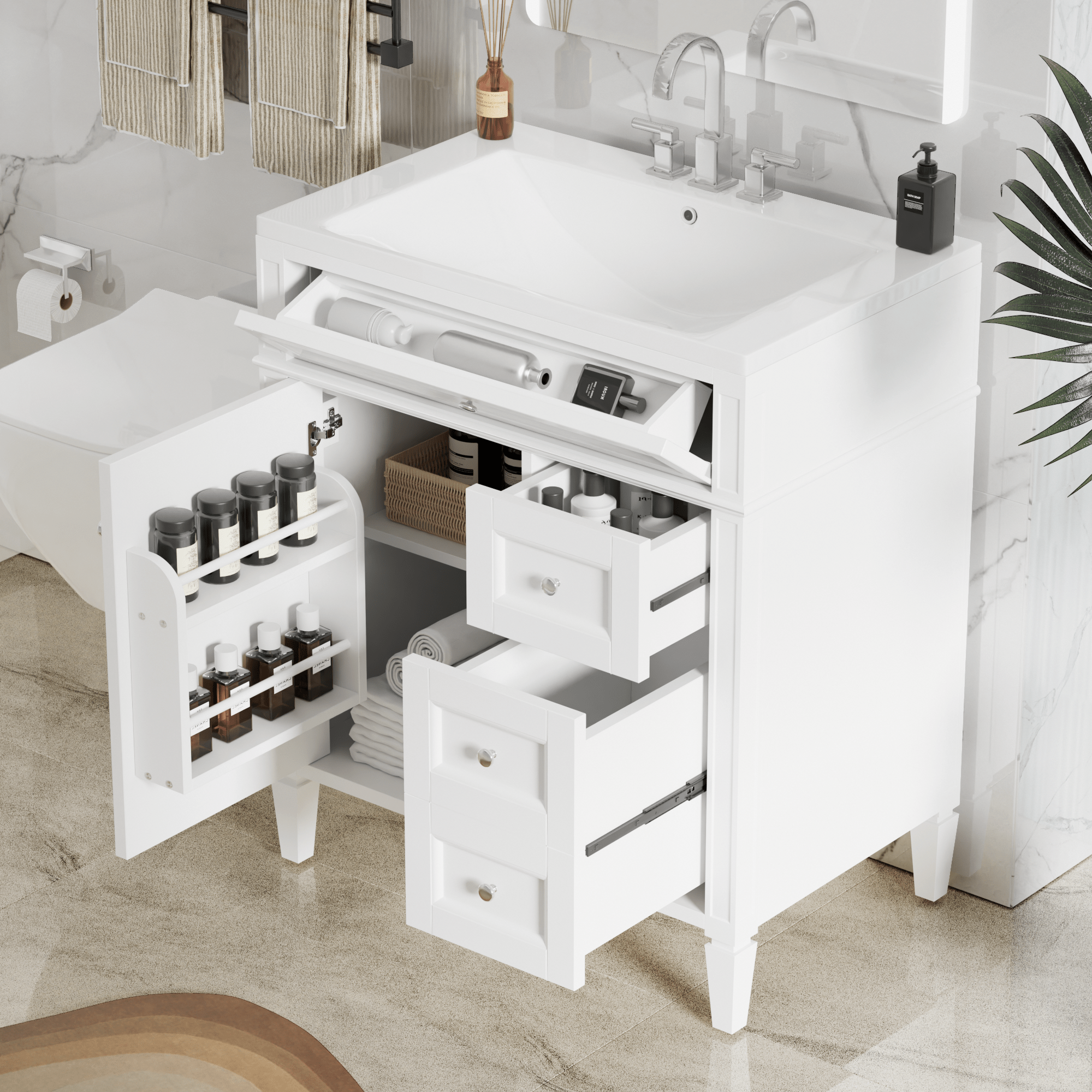 30 - inch single sink bathroom dressing table(white) - KiKiUMi