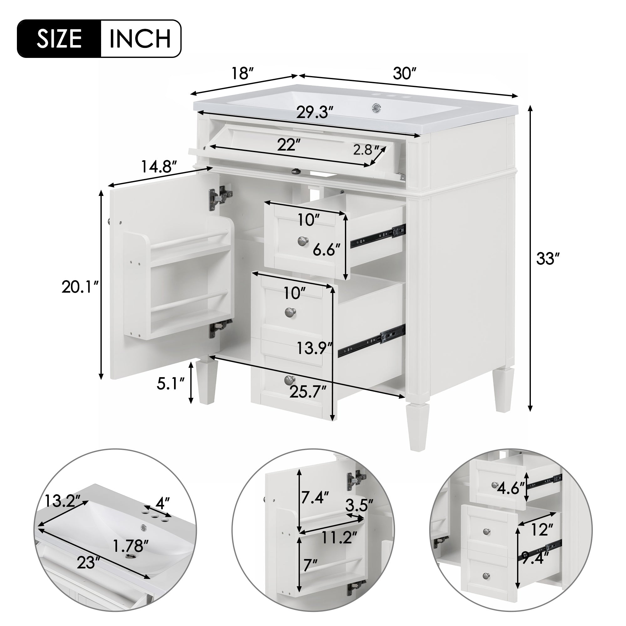 30 - inch single sink bathroom dressing table(white) - KiKiUMi