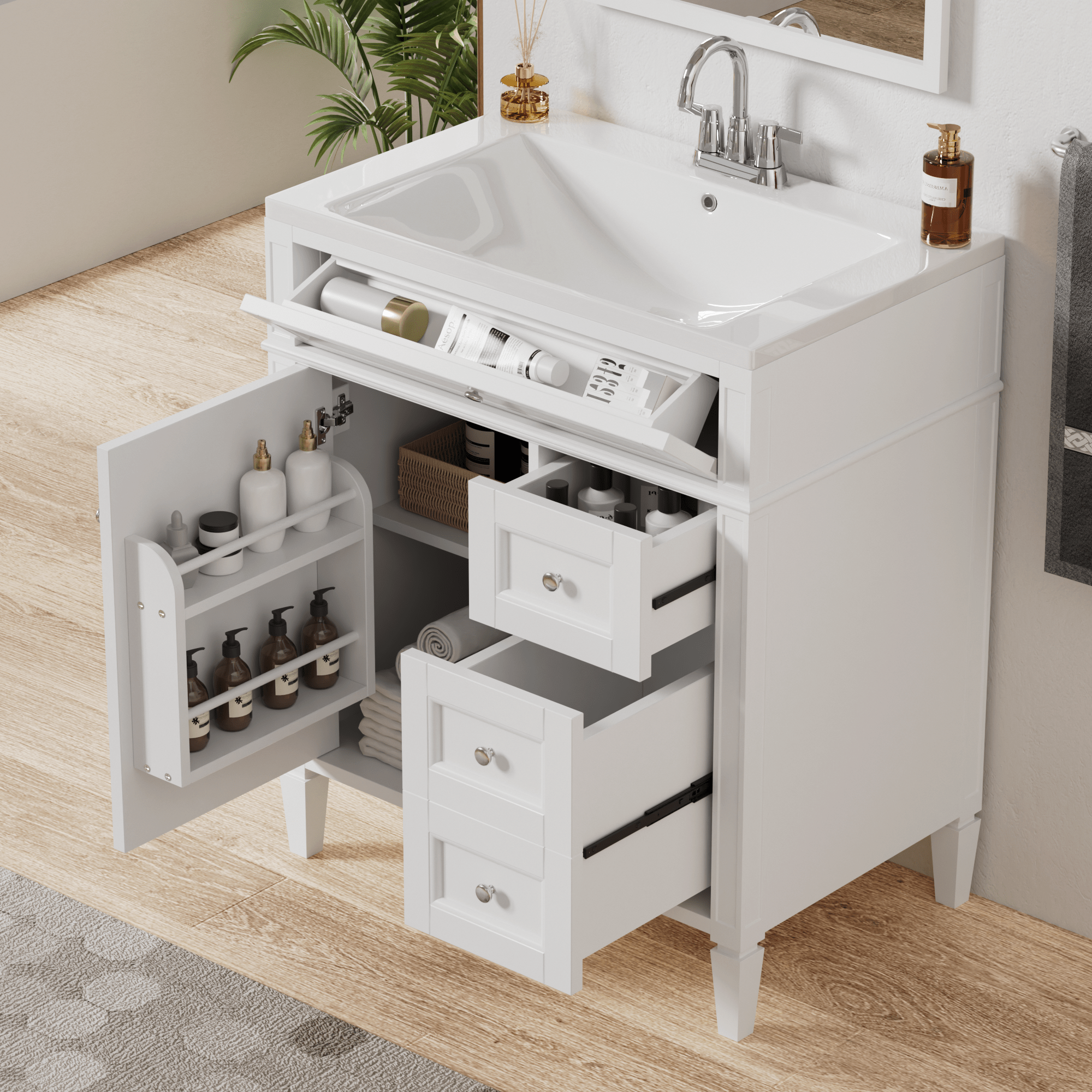 30 - inch single sink bathroom dressing table(white) - KiKiUMi