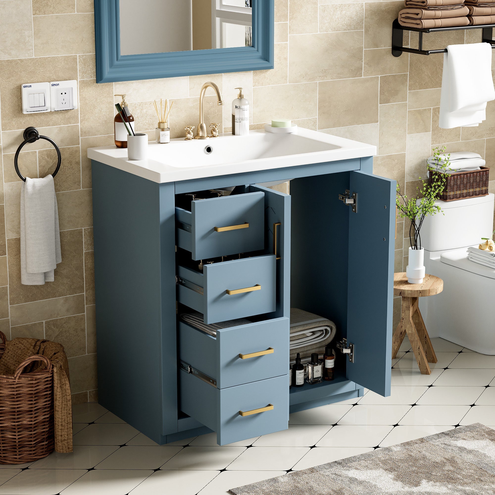 30 "Independent bathroom dressing table set, ceramic sink, solid wood frame - KiKiUMi