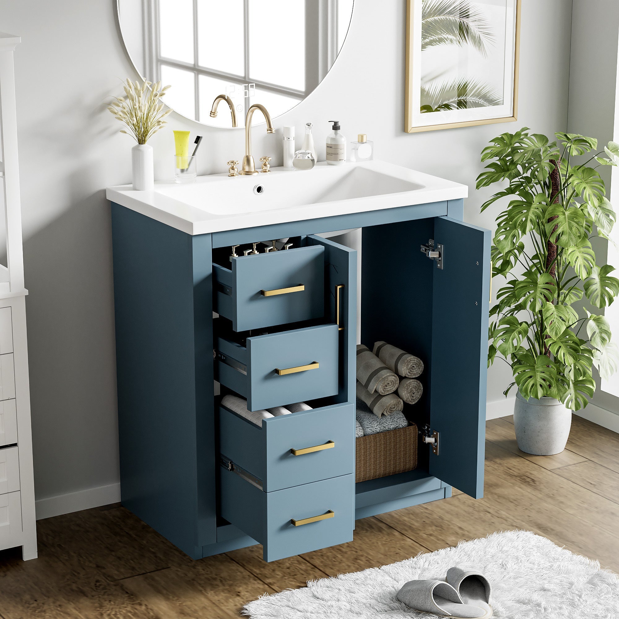 30 "Independent bathroom dressing table set, ceramic sink, solid wood frame - KiKiUMi