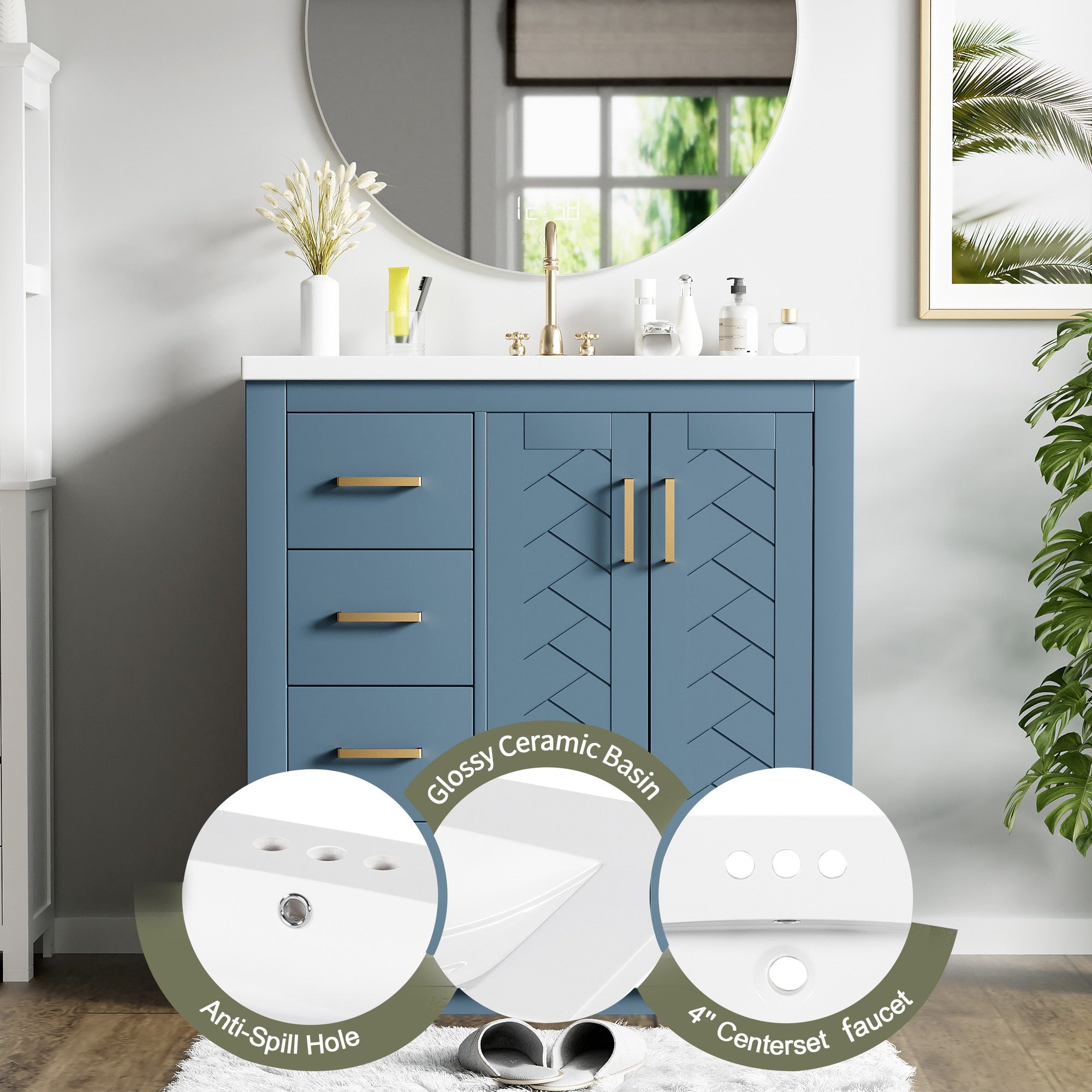 30 "Independent bathroom dressing table set, ceramic sink, solid wood frame - KiKiUMi