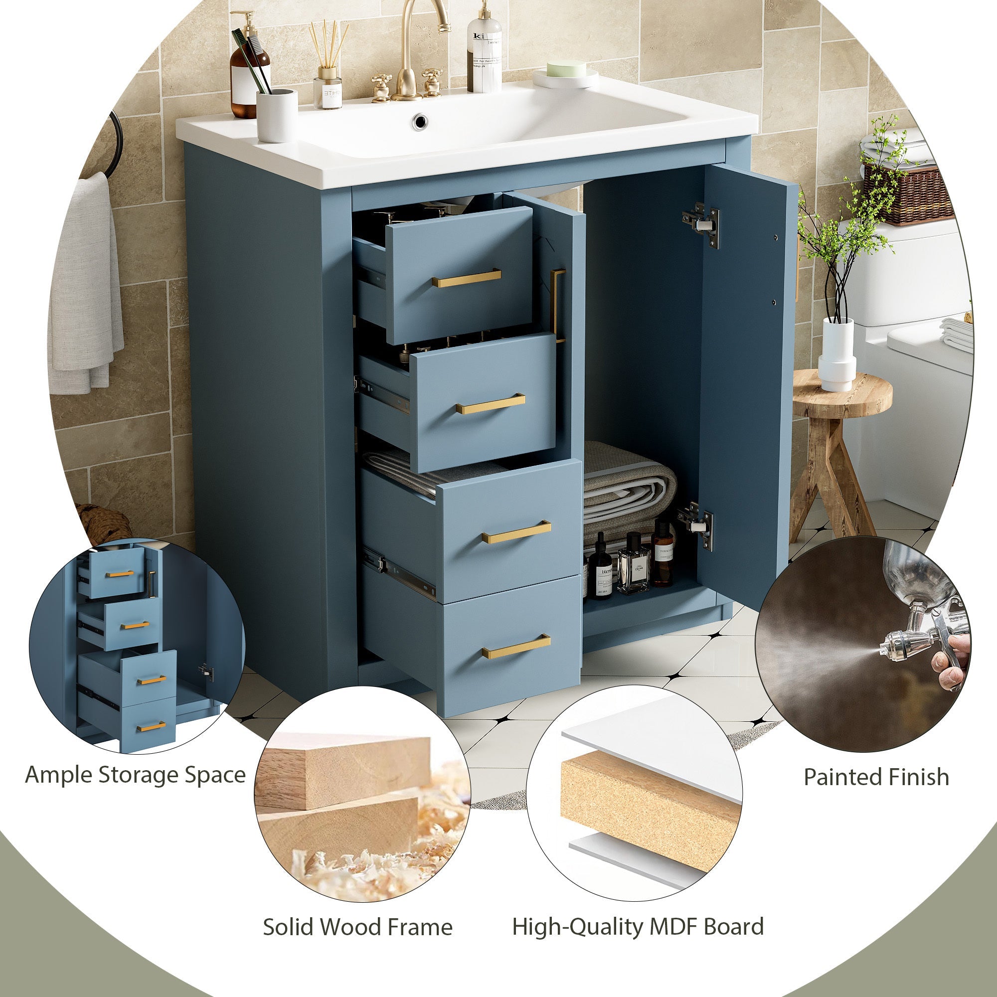 30 "Independent bathroom dressing table set, ceramic sink, solid wood frame - KiKiUMi