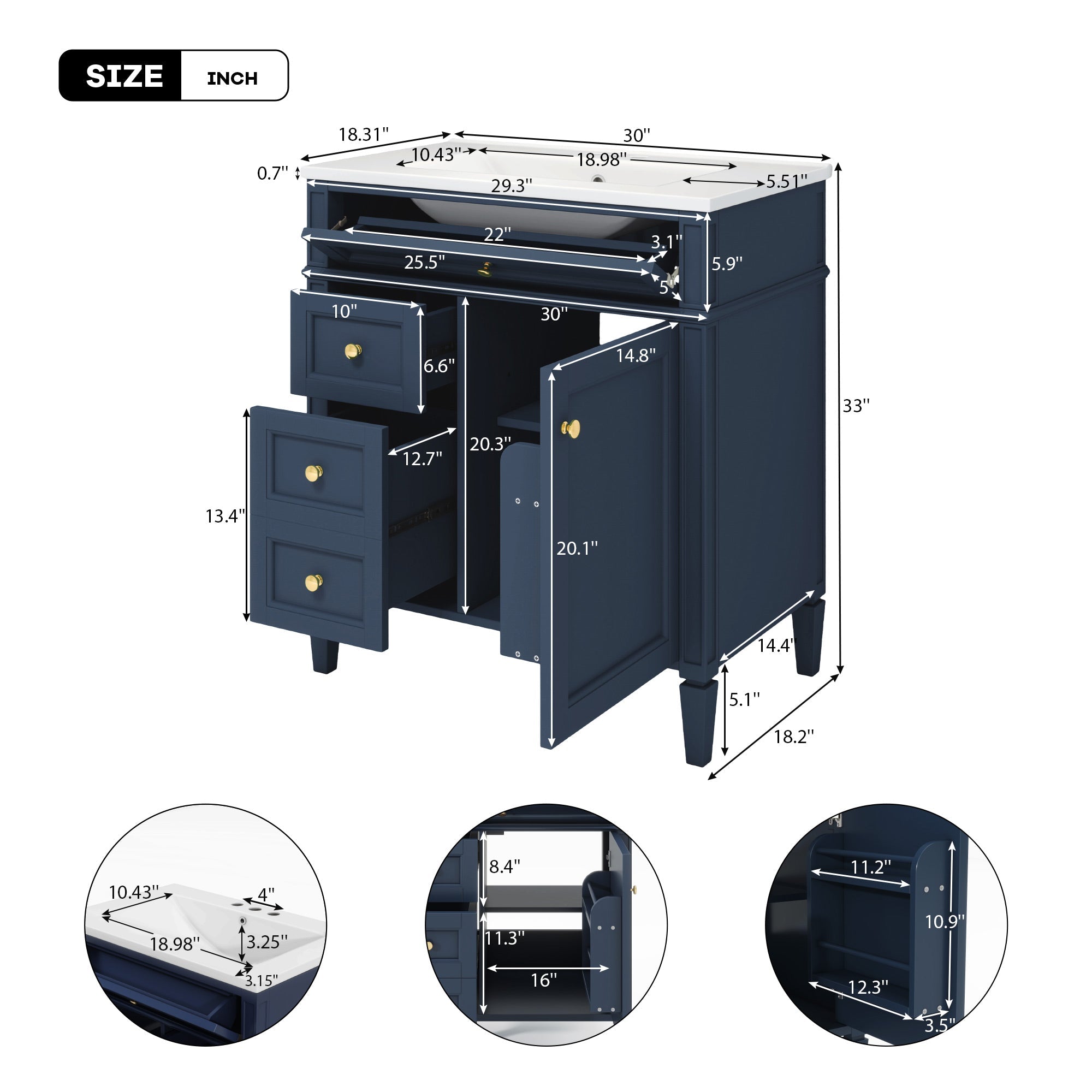 30 "Single sink bathroom dressing table, modern bathroom storage cabinet(blue) - KiKiUMi