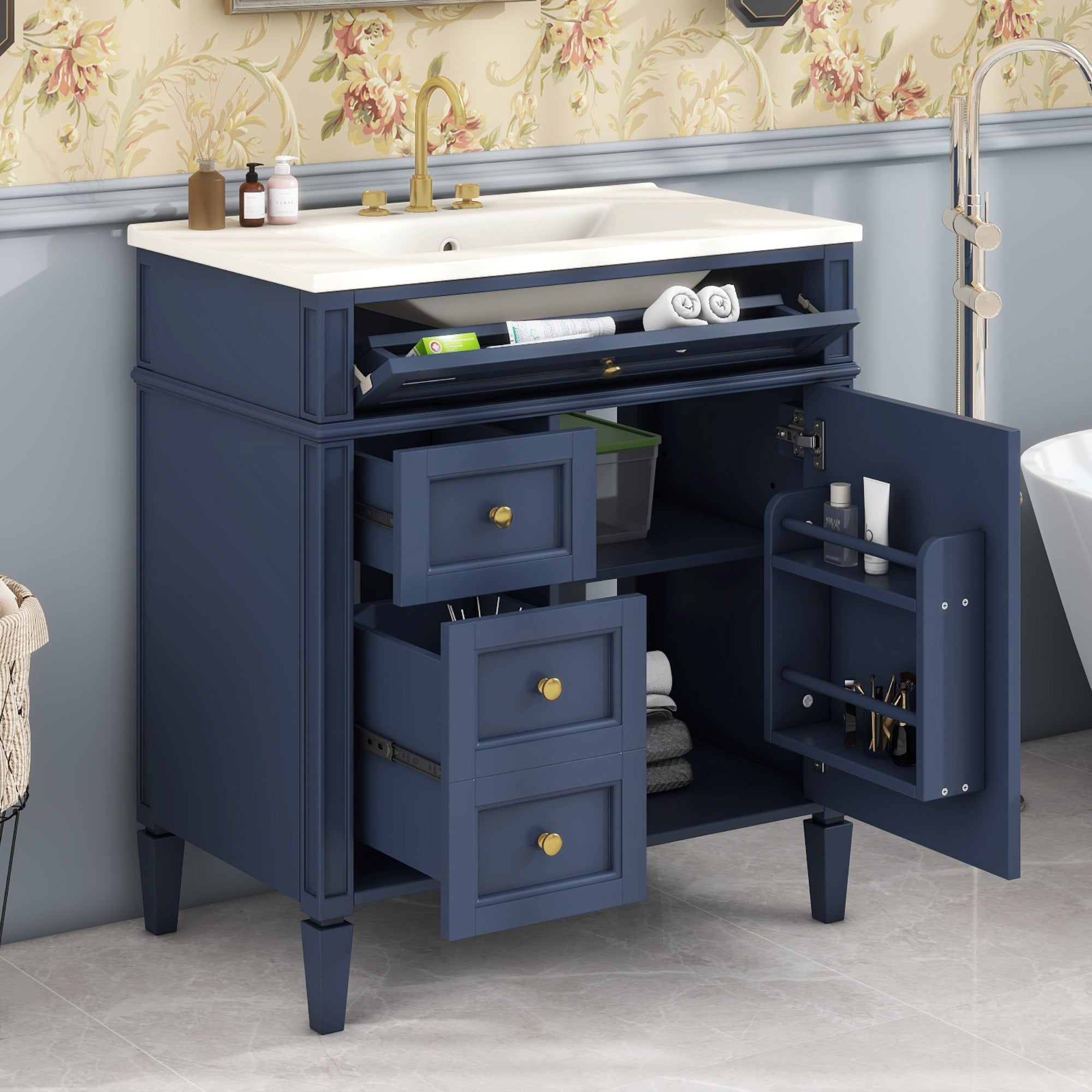 30 "Single sink bathroom dressing table, modern bathroom storage cabinet(blue) - KiKiUMi