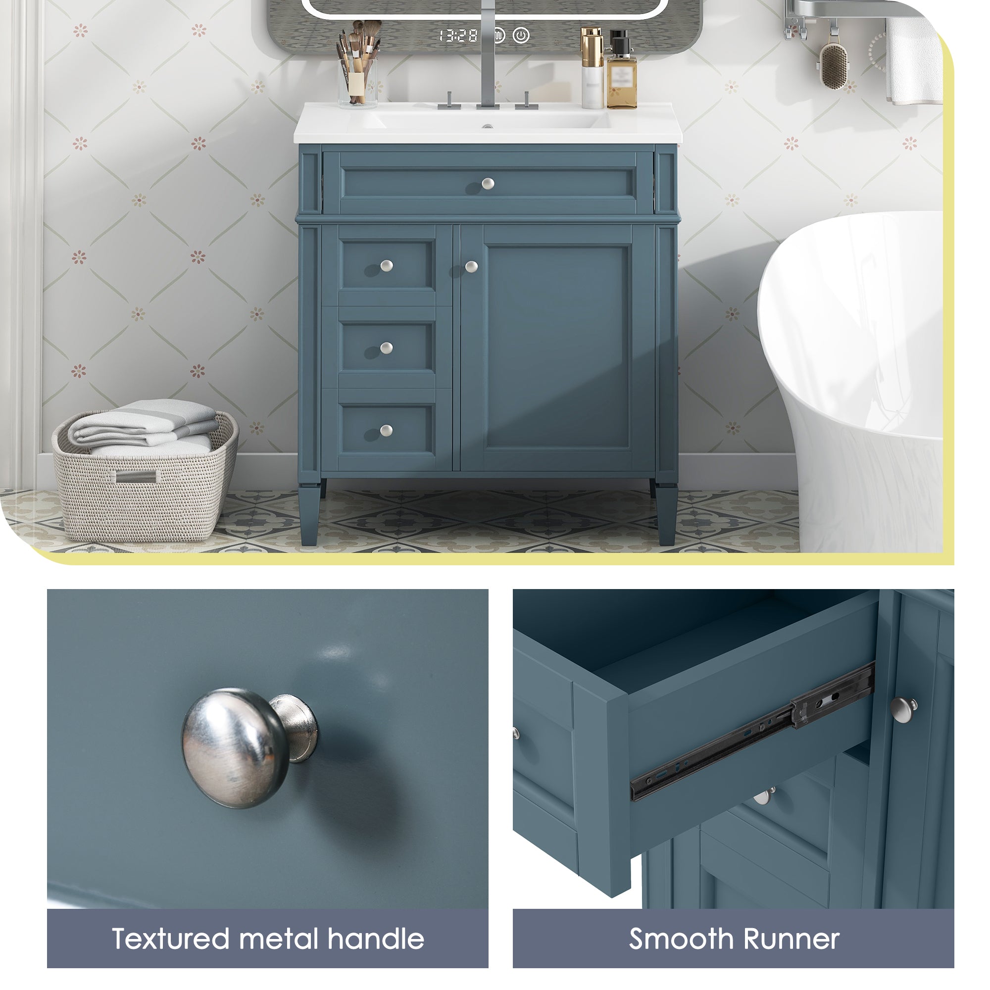 30 "Single sink bathroom dressing table, modern bathroom storage cabinet(blue) - KiKiUMi