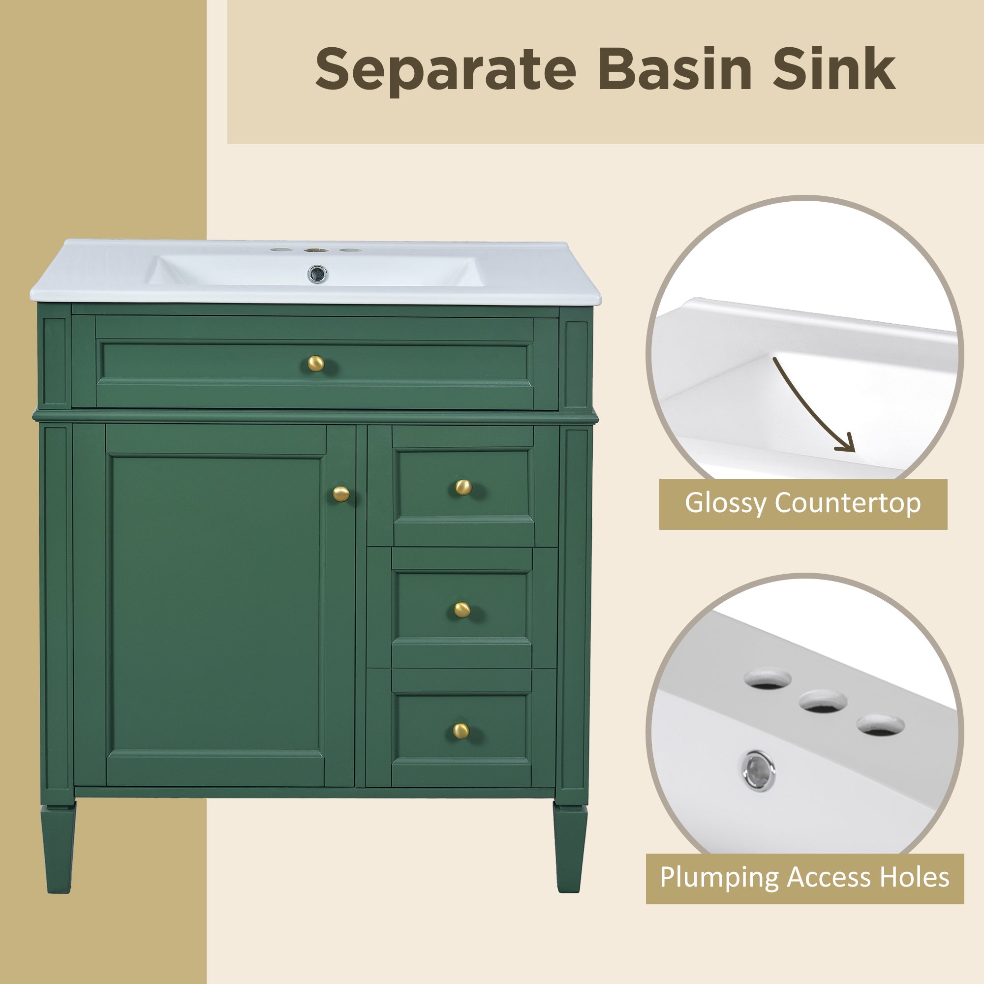 30 "Single sink bathroom dressing table, modern bathroom storage cabinet(green) - KiKiUMi