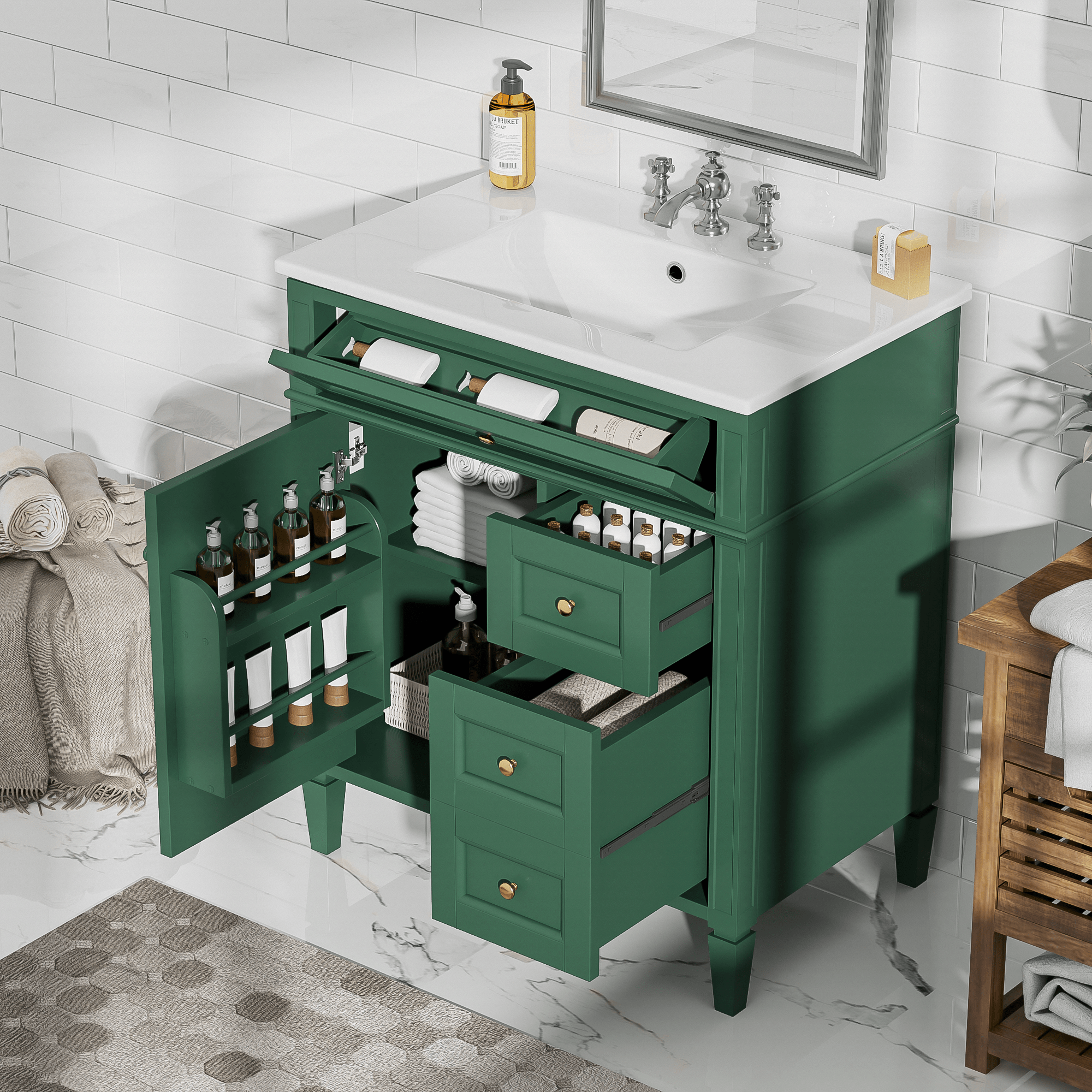 30 "Single sink bathroom dressing table, modern bathroom storage cabinet(green) - KiKiUMi