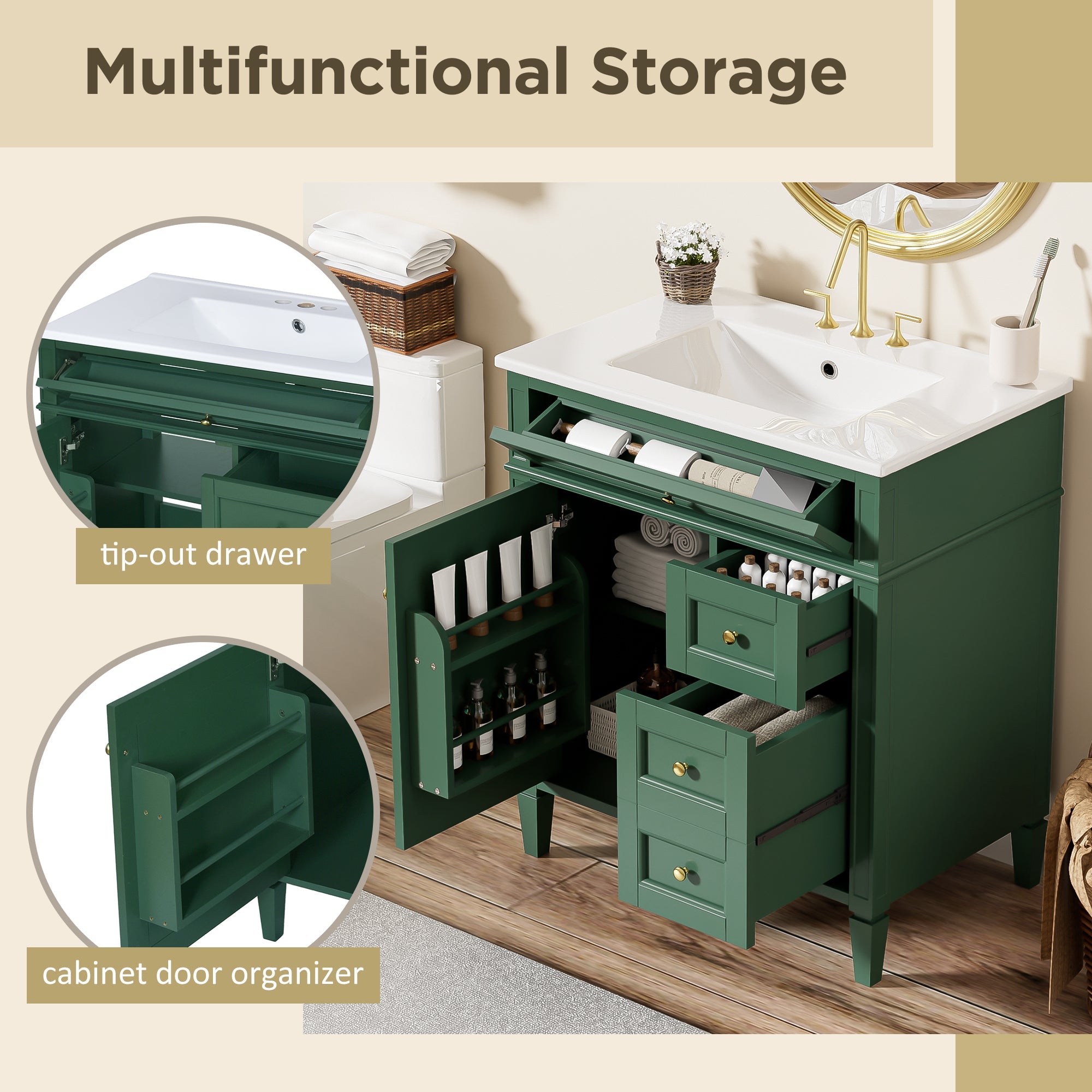 30 "Single sink bathroom dressing table, modern bathroom storage cabinet(green) - KiKiUMi