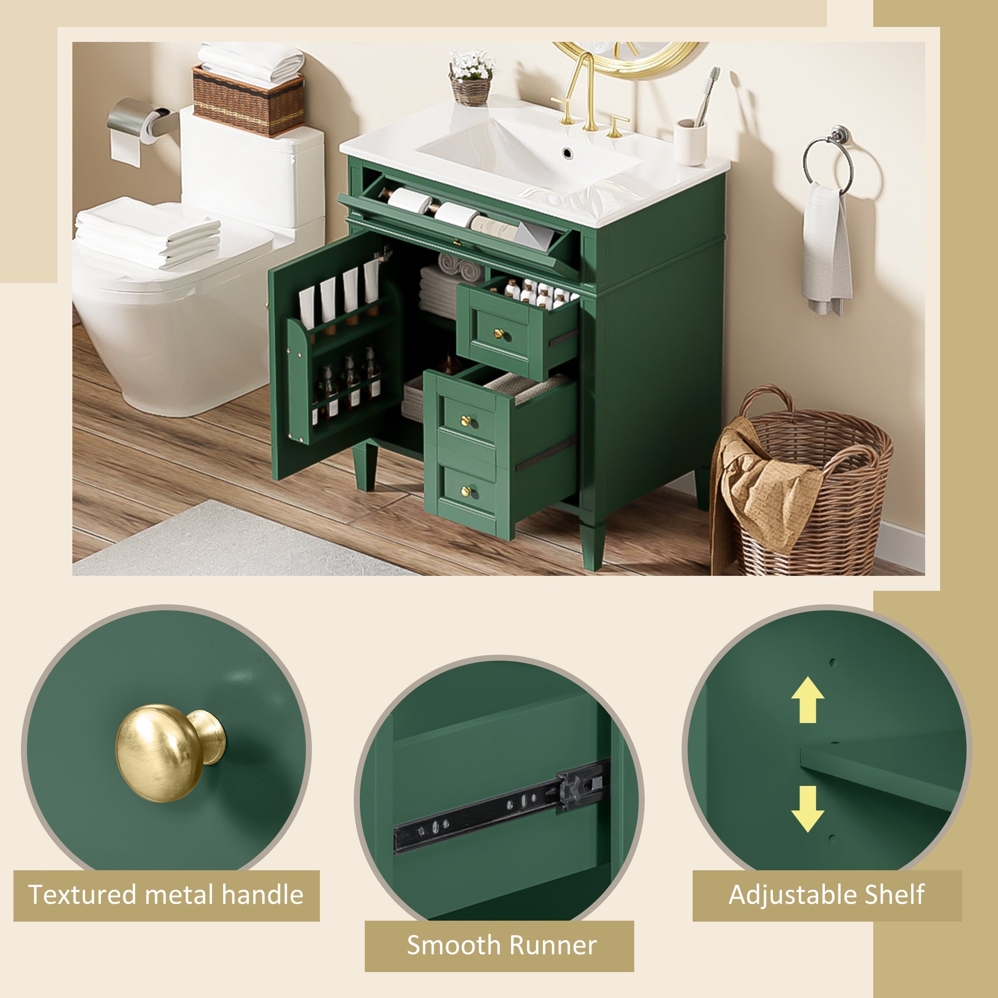 30 "Single sink bathroom dressing table, modern bathroom storage cabinet(green) - KiKiUMi