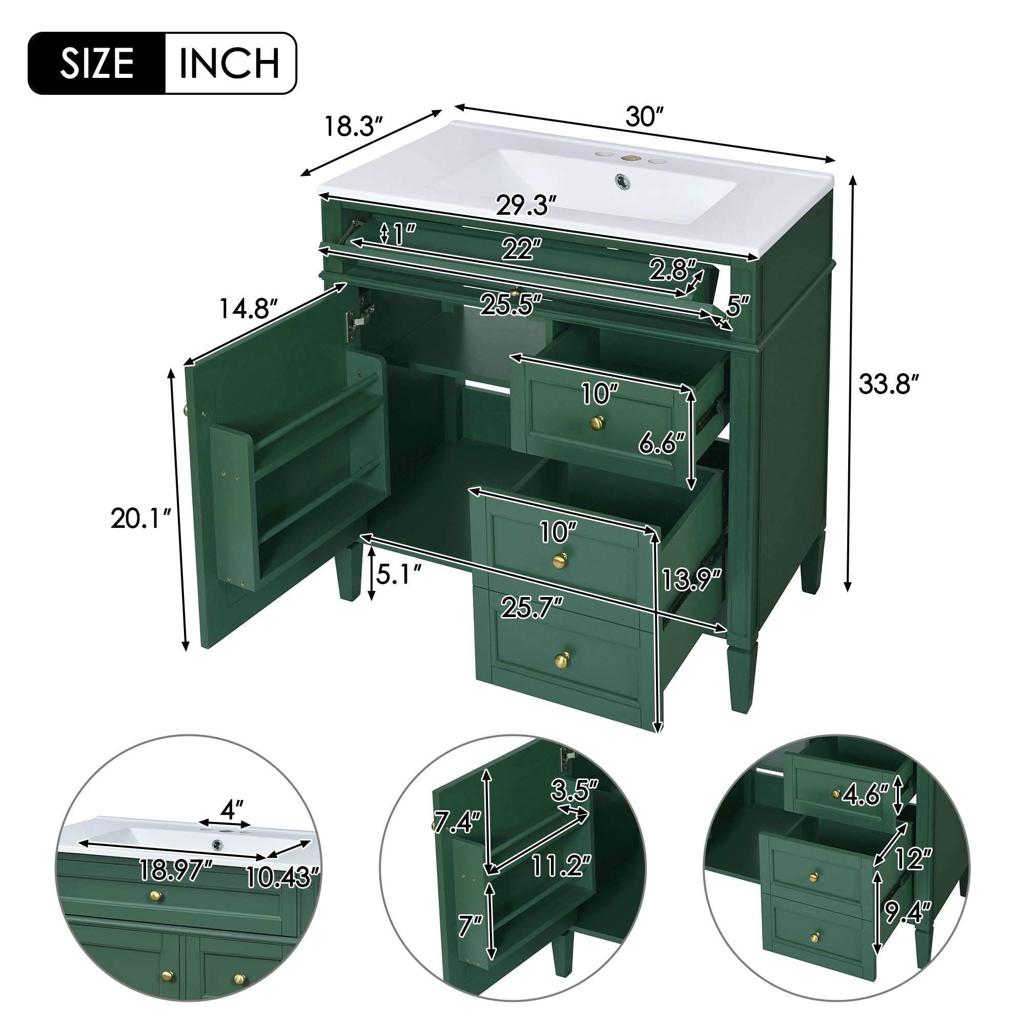 30 "Single sink bathroom dressing table, modern bathroom storage cabinet(green) - KiKiUMi