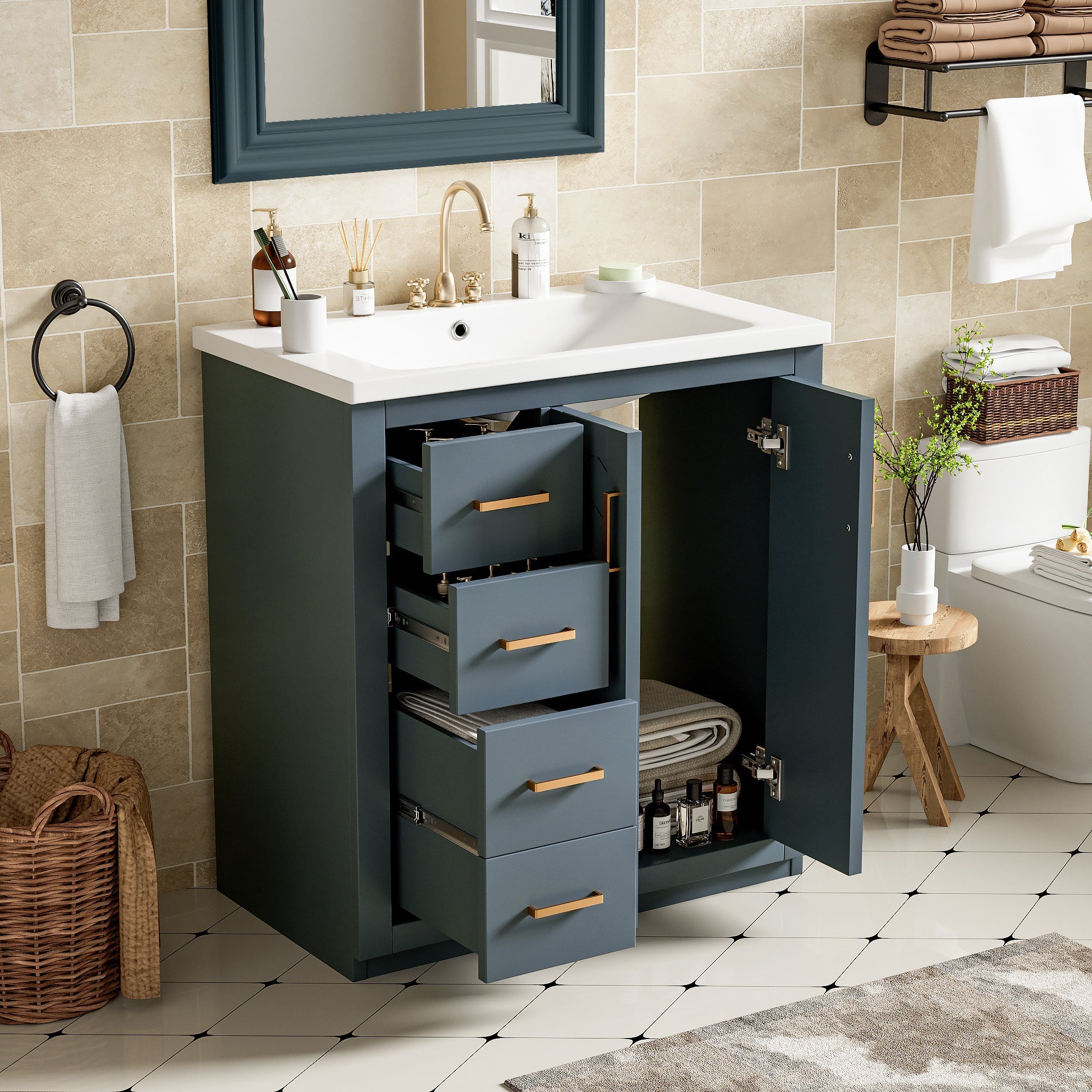 30 "Solid wood frame ceramic sink independent dressing table set - KiKiUMi
