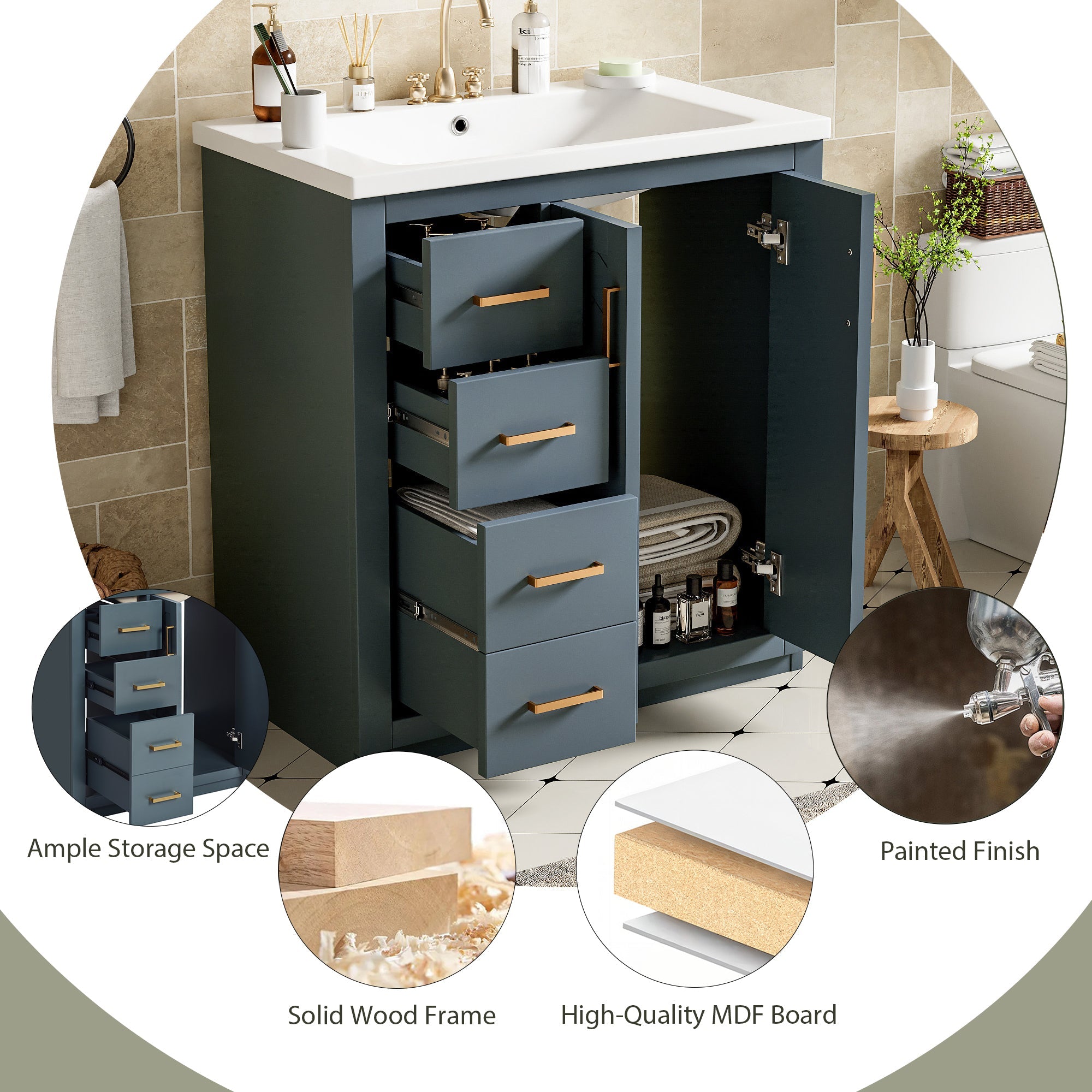 30 "Solid wood frame ceramic sink independent dressing table set - KiKiUMi