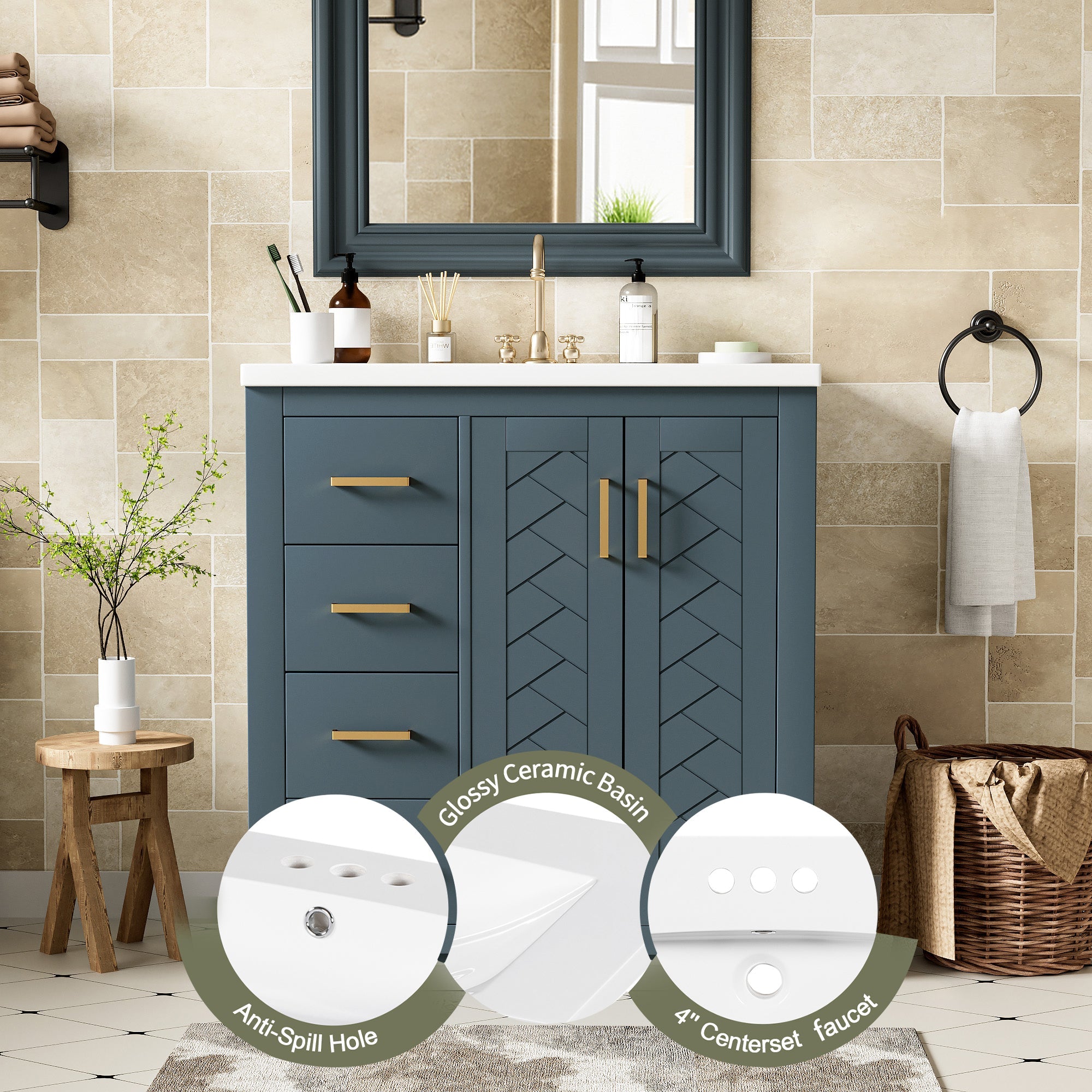 30 "Solid wood frame ceramic sink independent dressing table set - KiKiUMi