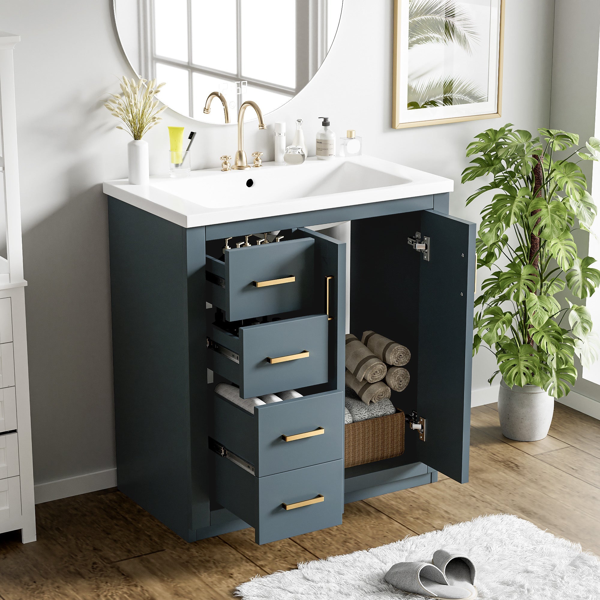 30 "Solid wood frame ceramic sink independent dressing table set - KiKiUMi