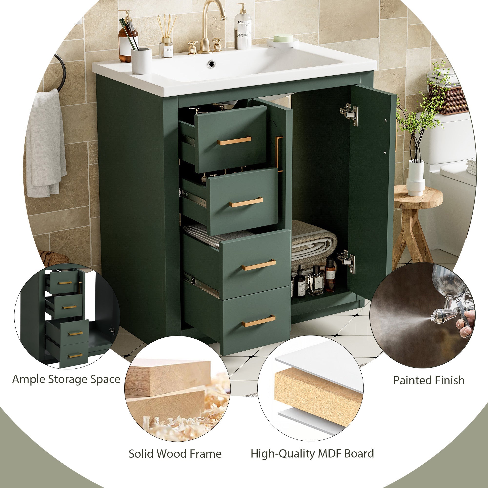 30 "Solid wood frame ceramic sink independent dressing table set(green) - KiKiUMi