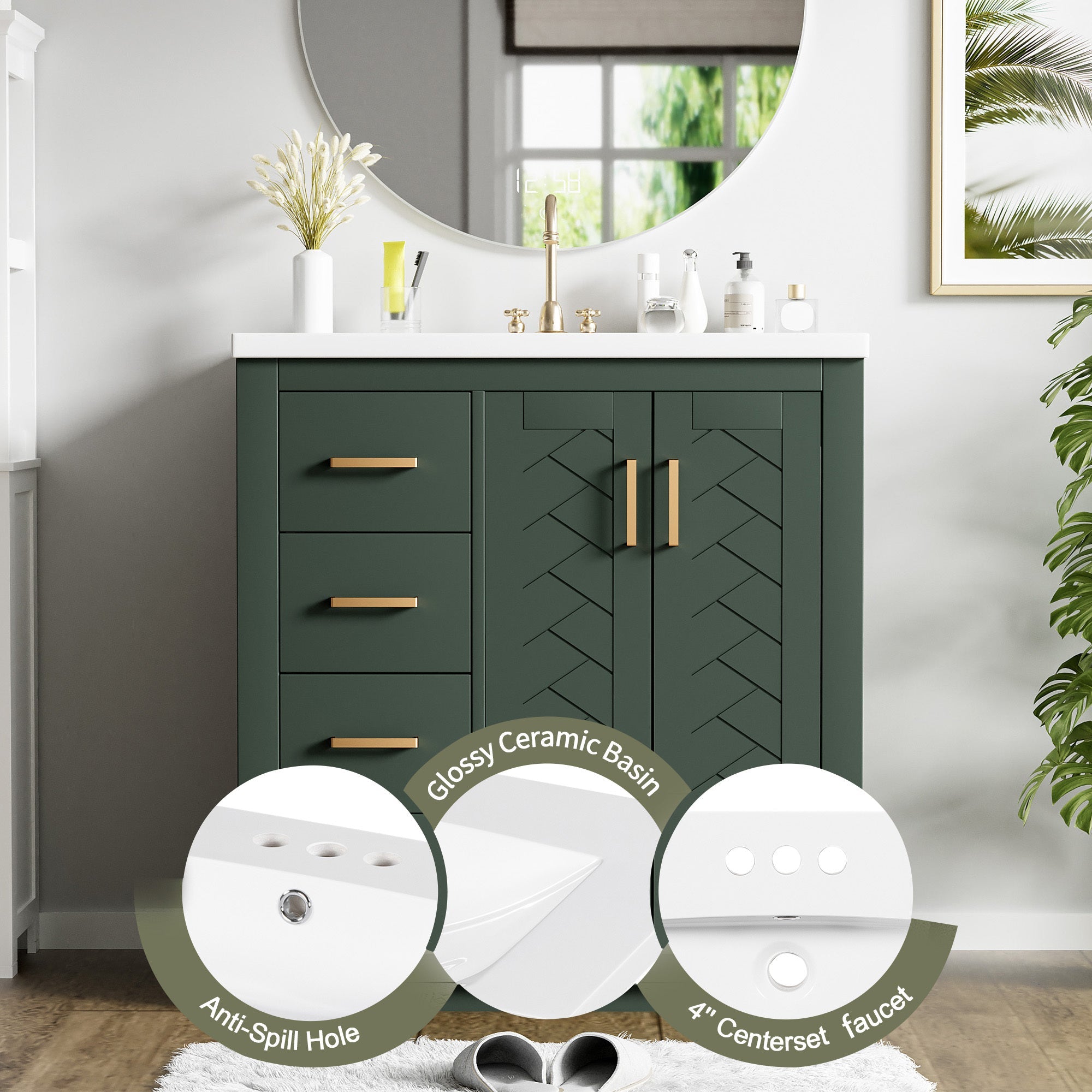 30 "Solid wood frame ceramic sink independent dressing table set(green) - KiKiUMi