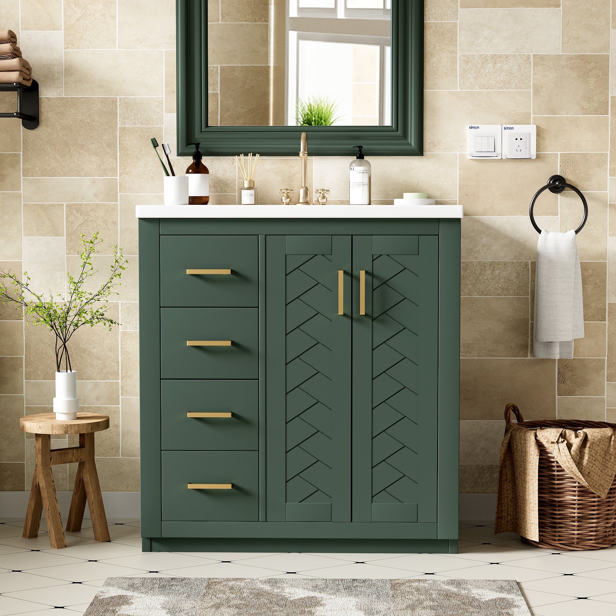 30 "Solid wood frame ceramic sink independent dressing table set(green) - KiKiUMi