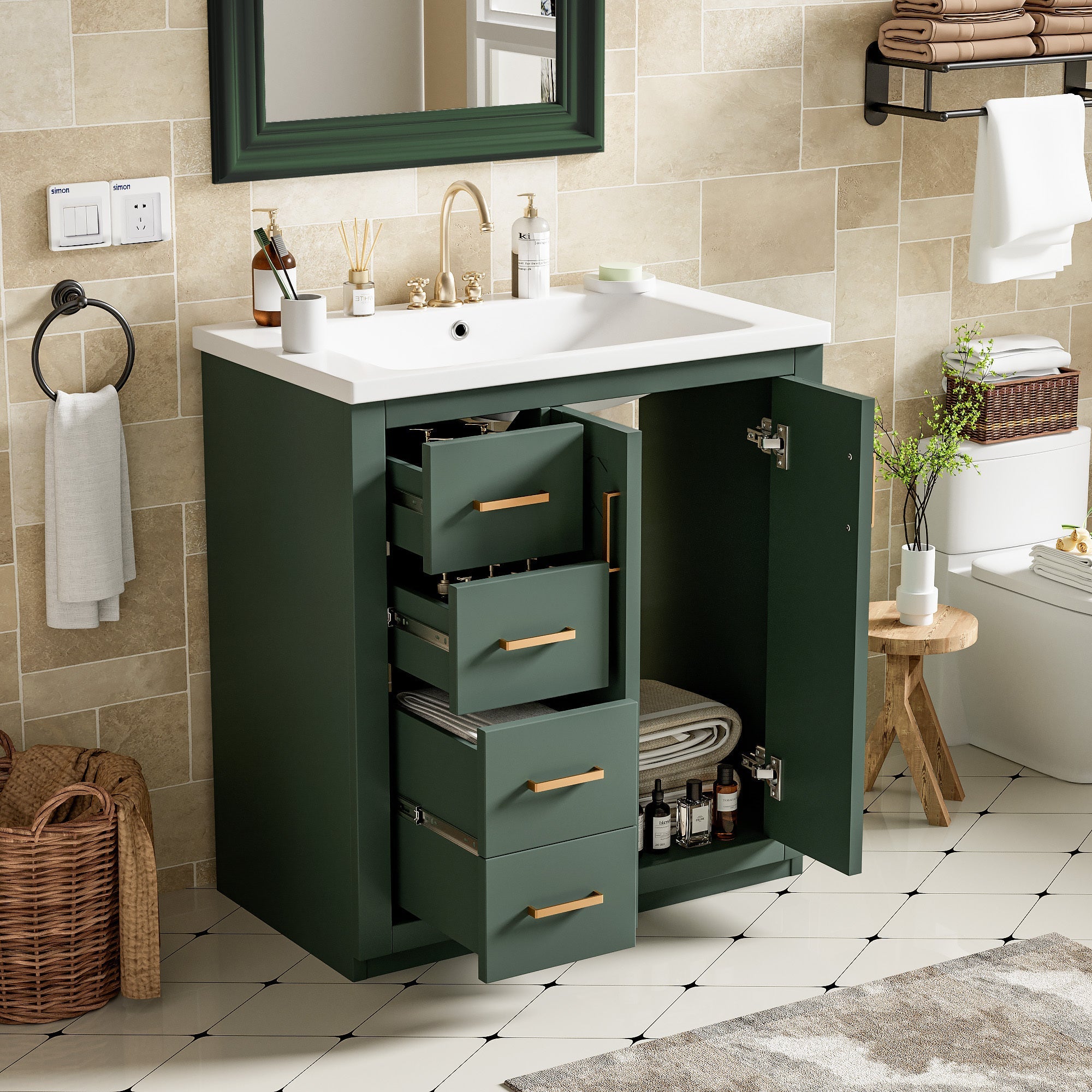 30 "Solid wood frame ceramic sink independent dressing table set(green) - KiKiUMi