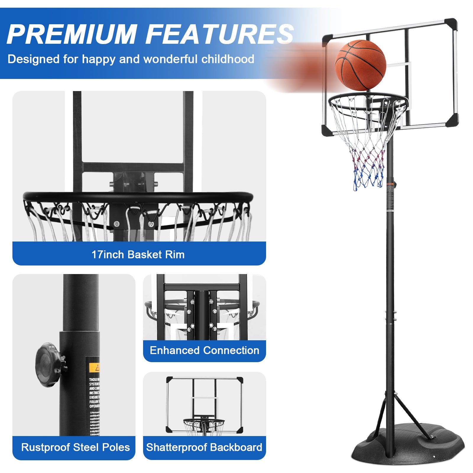 32 - inch white adjustable portable basketball stand - KiKiUMi