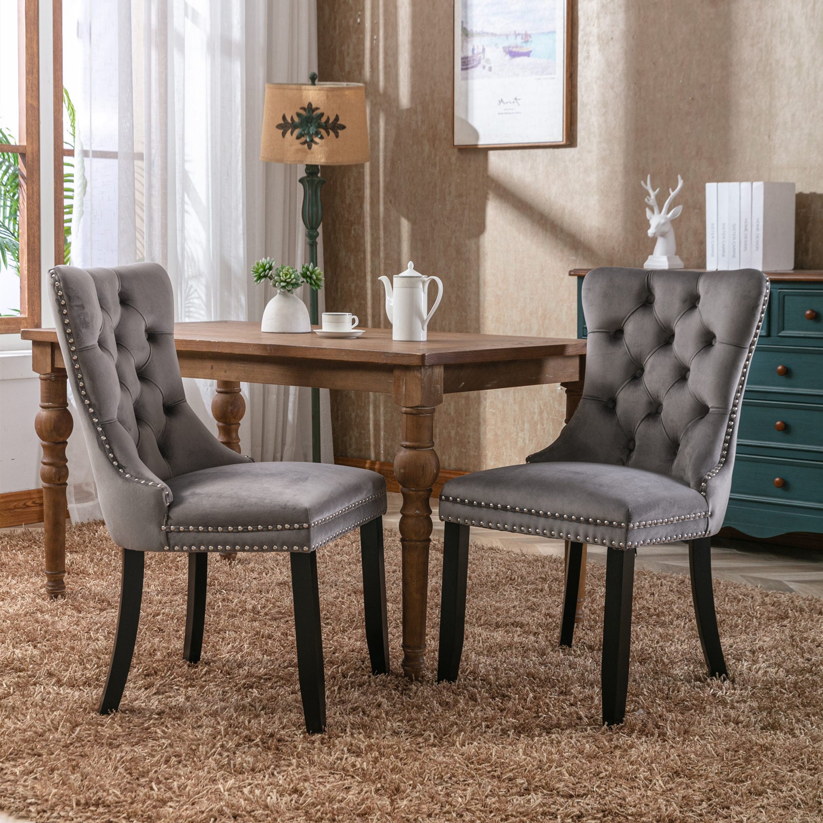 Two velvet cushioned bar stools (grey)