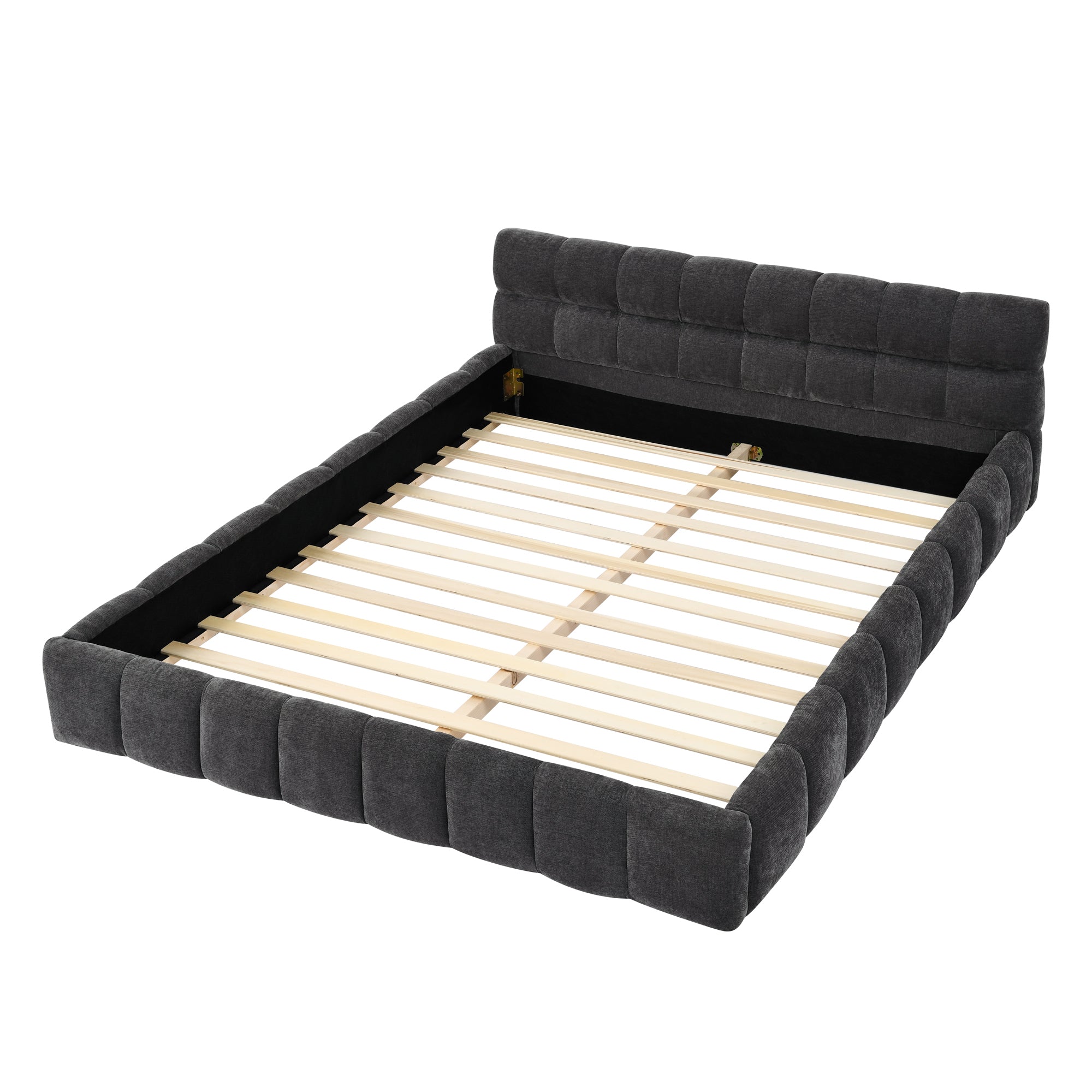 Large soft-padded bed frame in dark grey