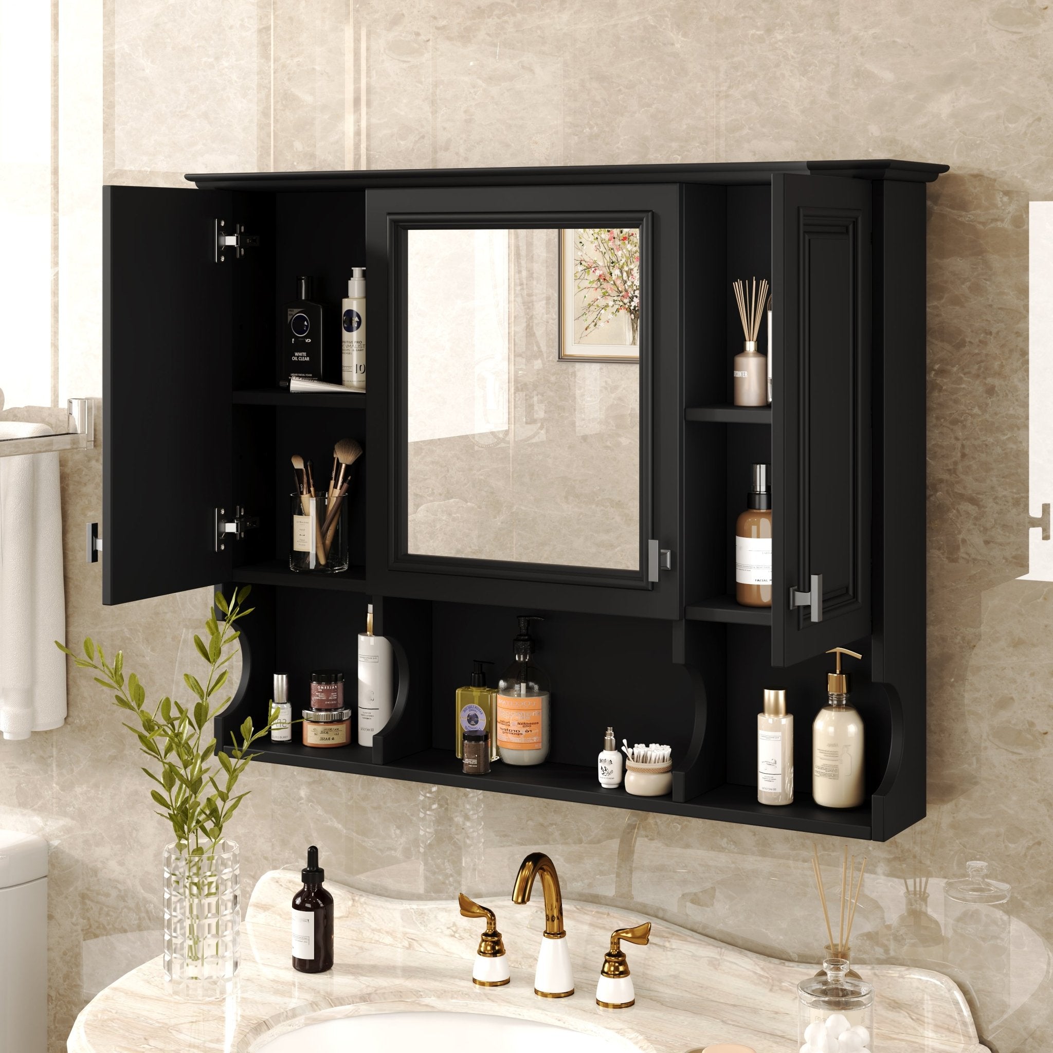 35 "x 28" modern bathroom wall cabinet with a mirror（black） - KiKiUMi