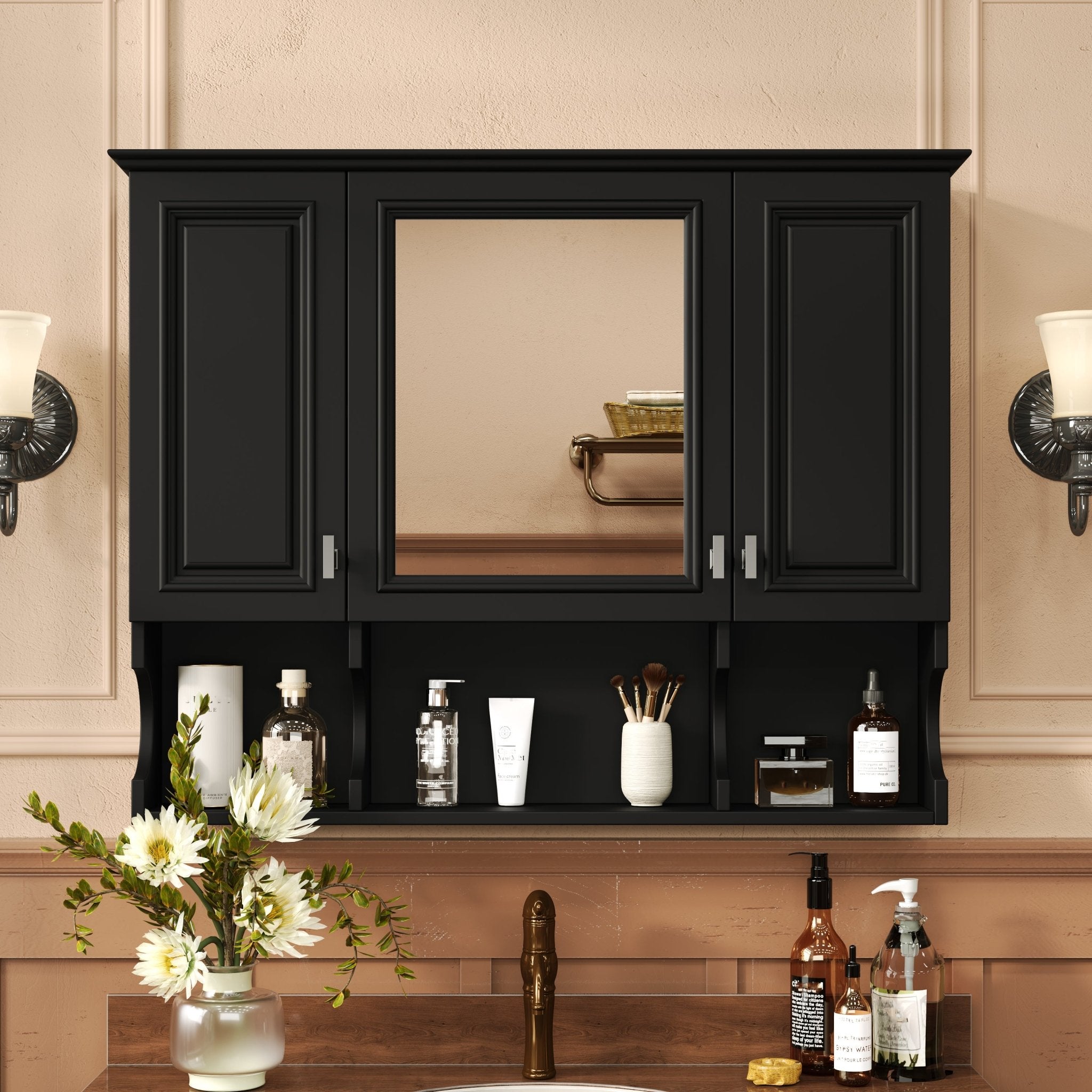 35 "x 28" modern bathroom wall cabinet with a mirror（black） - KiKiUMi
