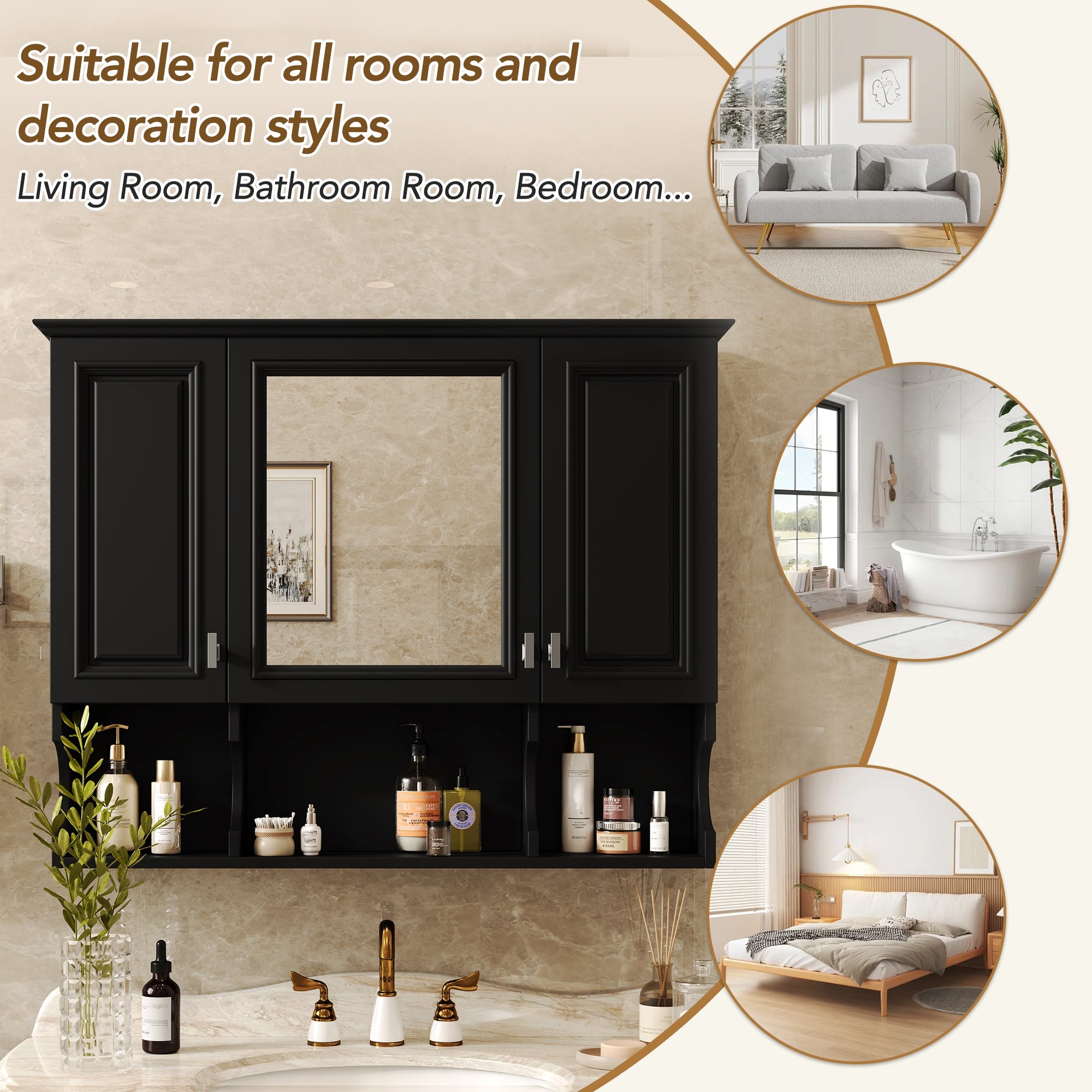 35 "x 28" modern bathroom wall cabinet with a mirror（black） - KiKiUMi