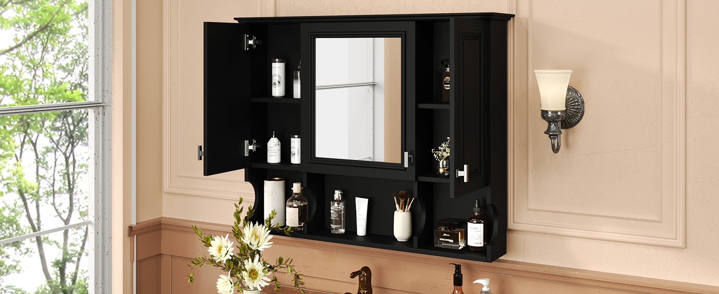 35 "x 28" modern bathroom wall cabinet with a mirror（black） - KiKiUMi