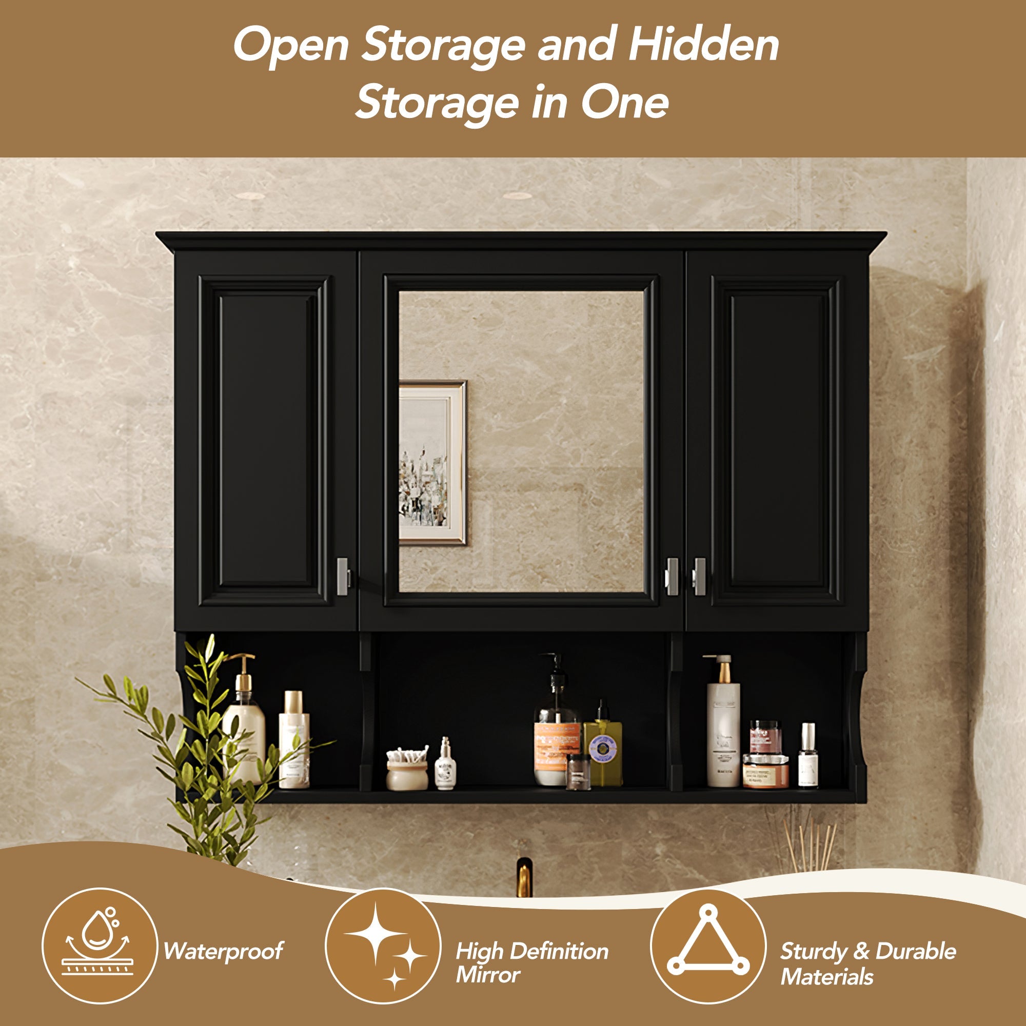 35 "x 28" modern bathroom wall cabinet with a mirror（black） - KiKiUMi