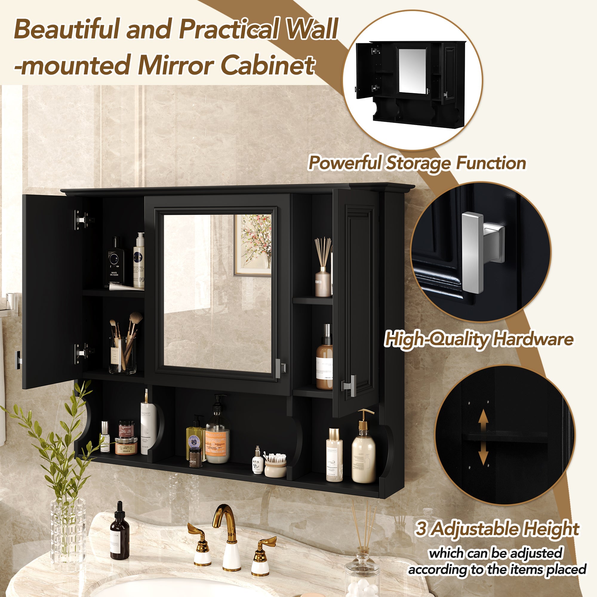 35 "x 28" modern bathroom wall cabinet with a mirror（black） - KiKiUMi