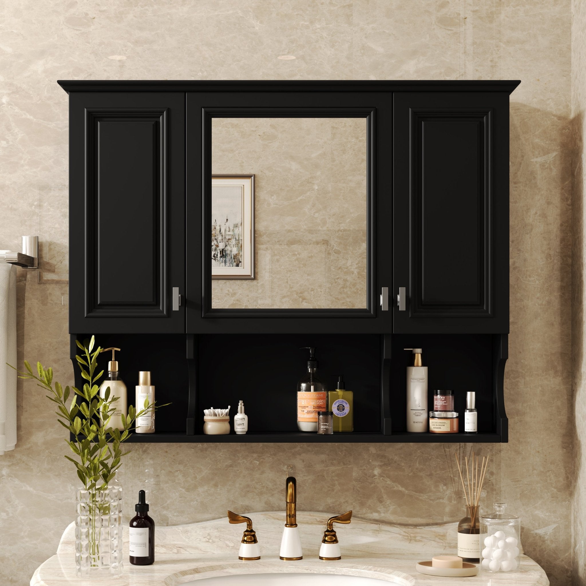 35 "x 28" modern bathroom wall cabinet with a mirror（black） - KiKiUMi