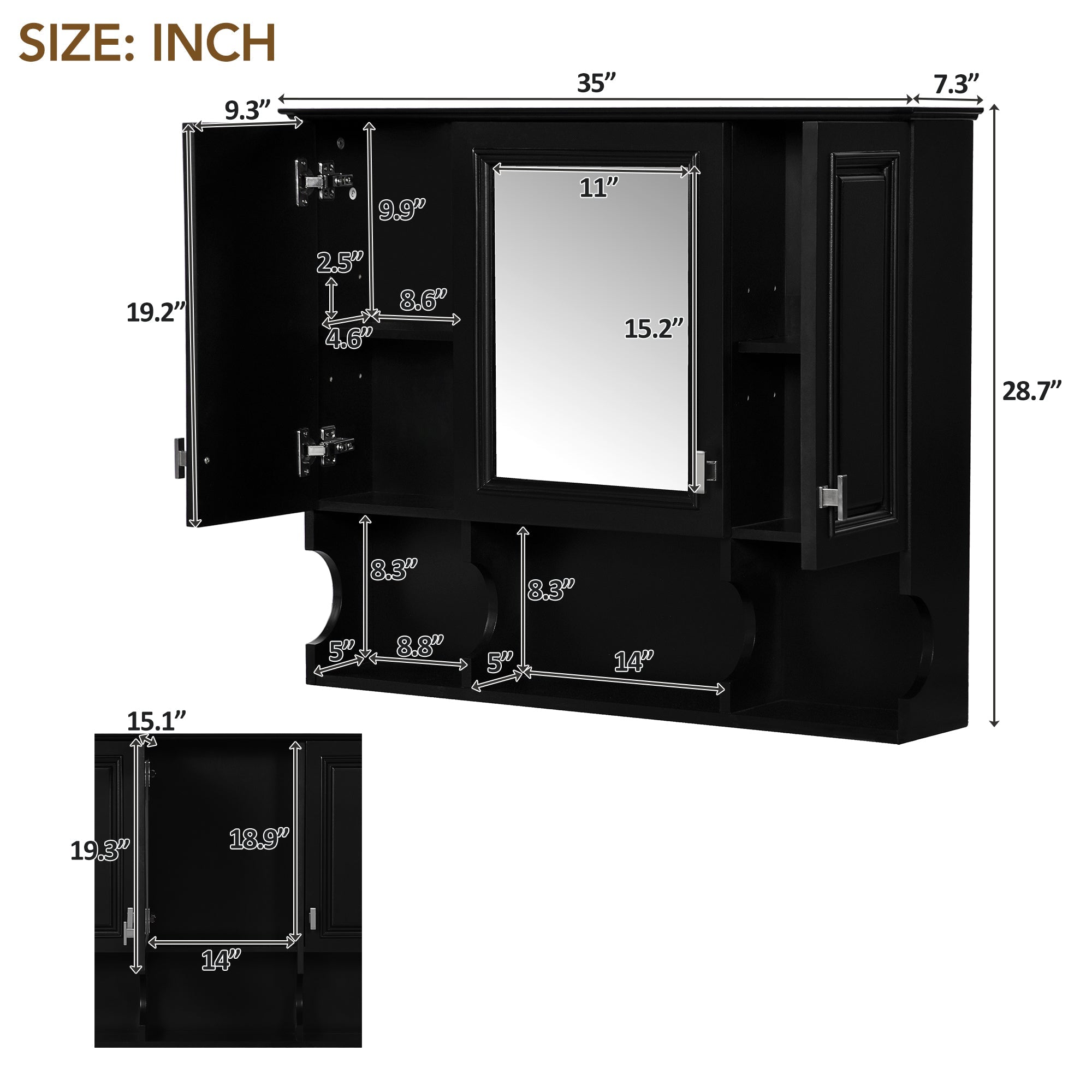 35 "x 28" modern bathroom wall cabinet with a mirror（black） - KiKiUMi