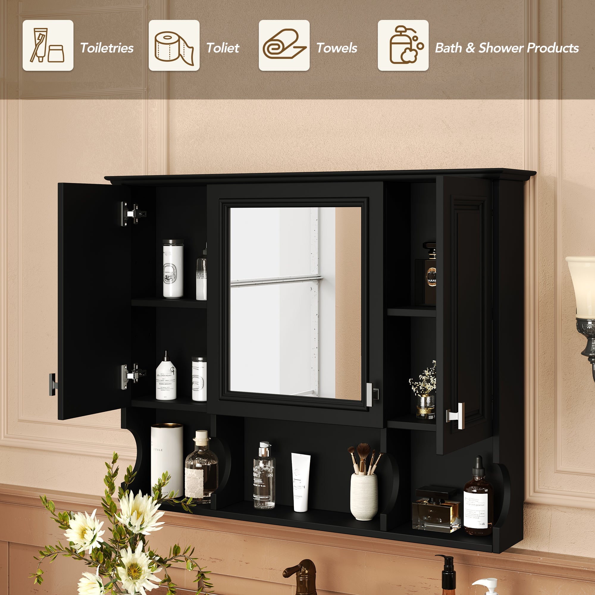 35 "x 28" modern bathroom wall cabinet with a mirror（black） - KiKiUMi