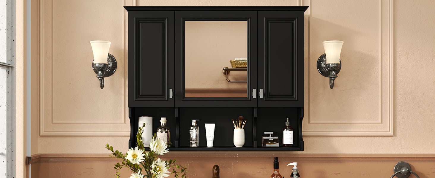 35 "x 28" modern bathroom wall cabinet with a mirror（black） - KiKiUMi