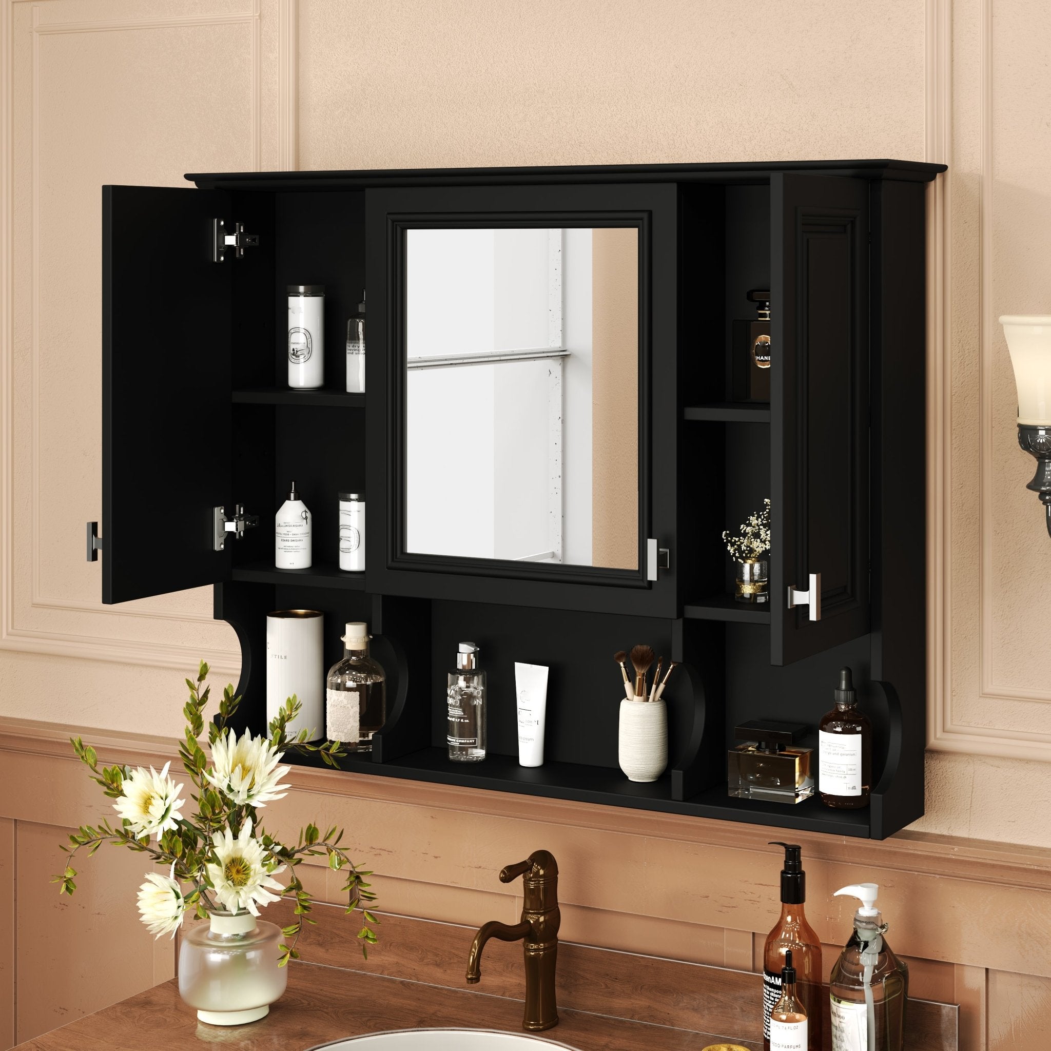 35 "x 28" modern bathroom wall cabinet with a mirror（black） - KiKiUMi