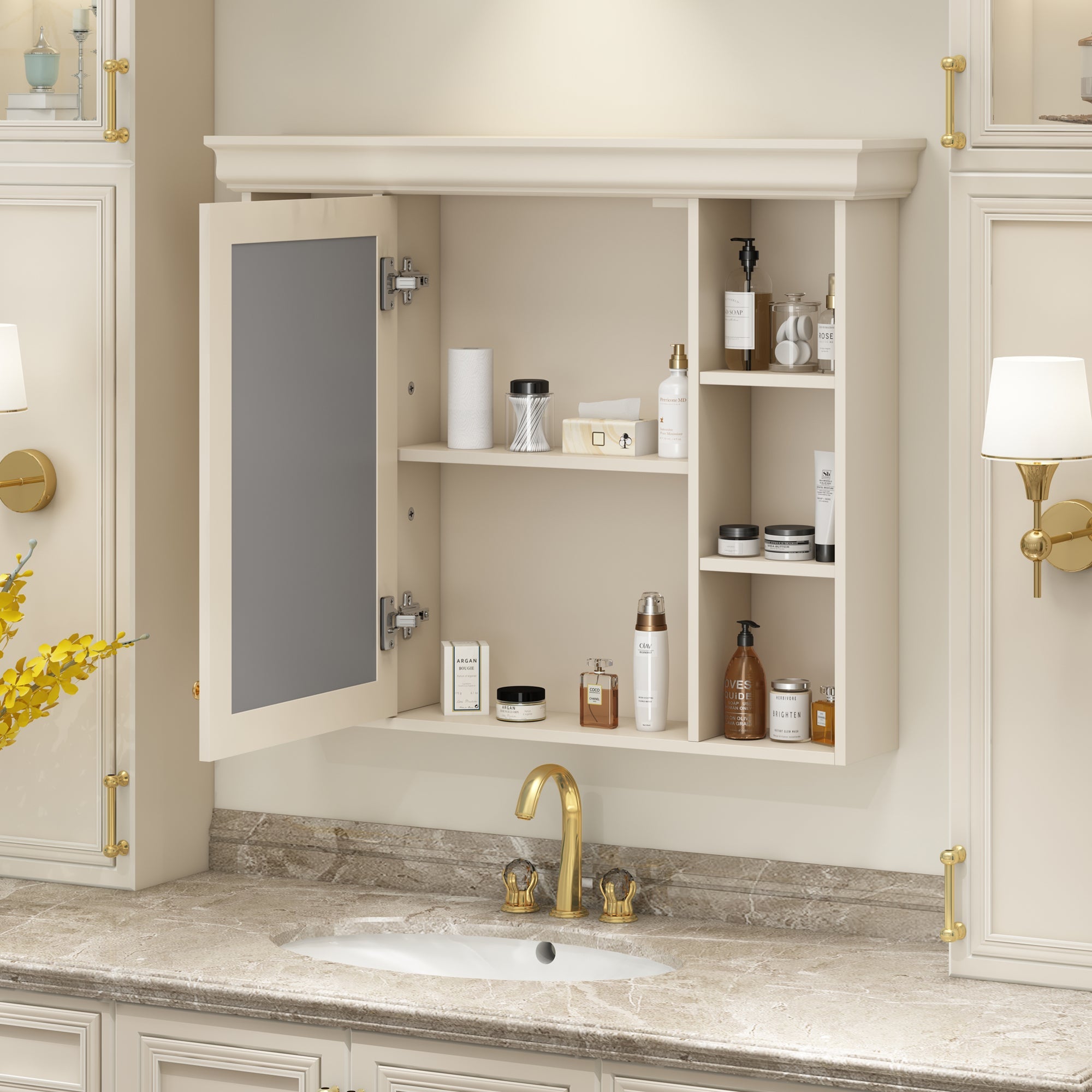 35 "x 28" wall - mounted bathroom storage cabinet with a mirror(beige+cream) - KiKiUMi