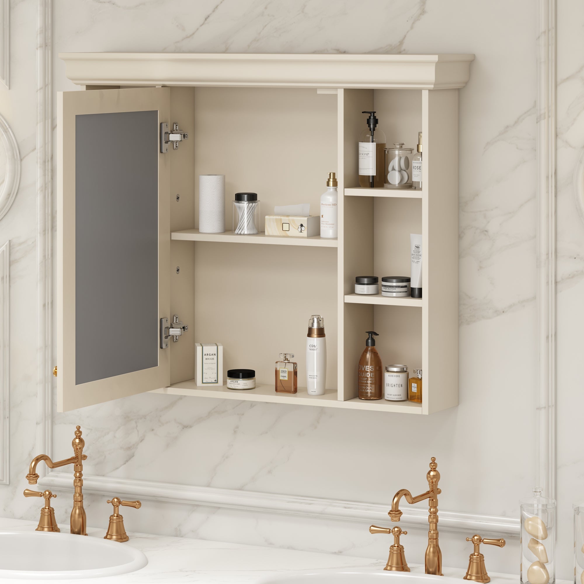 35 "x 28" wall - mounted bathroom storage cabinet with a mirror(beige+cream) - KiKiUMi