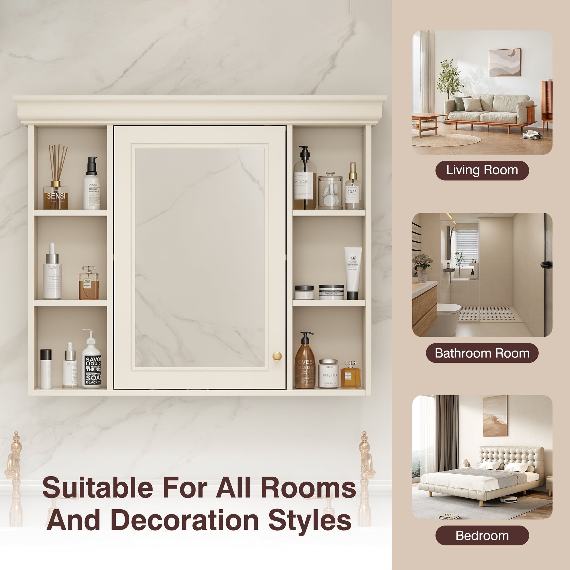 35 "x 28" wall - mounted bathroom storage cabinet with a mirror(beige+cream) - KiKiUMi