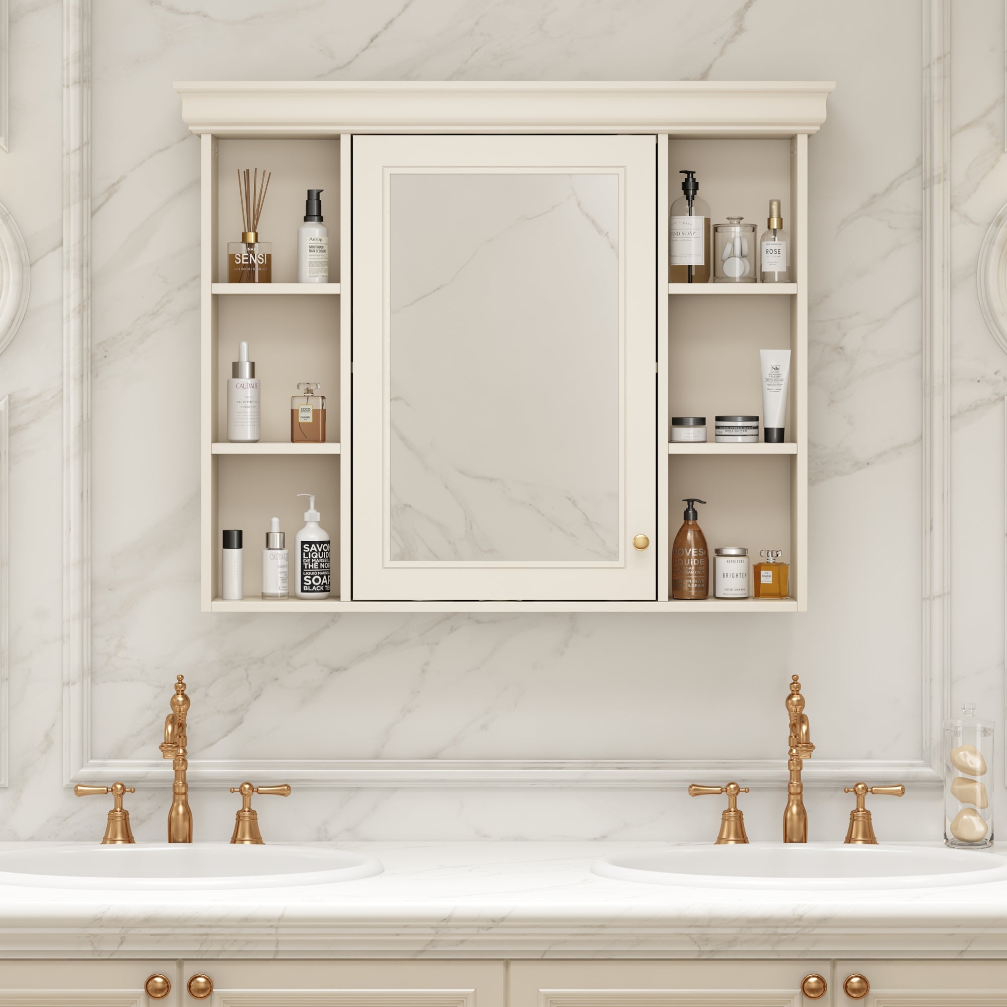 35 "x 28" wall - mounted bathroom storage cabinet with a mirror(beige+cream) - KiKiUMi